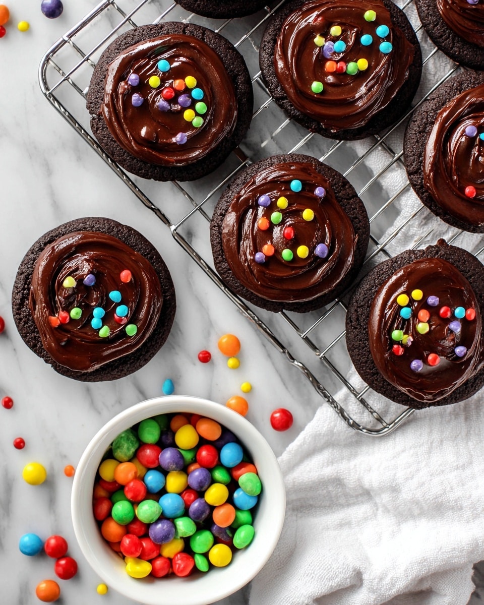 Several round chocolate cookies are arranged on a cooling rack over a white marbled surface with a white cloth beside them. Each cookie has a thick, smooth layer of shiny dark chocolate frosting swirled on top, decorated with small, colorful candy balls scattered randomly. To the side, there is a white bowl filled with more of the colorful candy balls, some spilling onto the marble surface. The overall look is rich, bright, and inviting. photo taken with an iphone --ar 4:5 --v 7