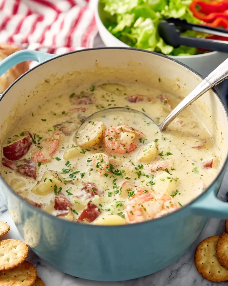 The image shows a light blue pot filled with a creamy soup that has a thick texture. Inside the soup, there are visible chunks of red-skinned potatoes, small shrimp, and bits of herbs sprinkled on top, giving some green specks. A silver ladle rests inside the pot, partly submerged in the soup, with the soup coating the ladle's bowl. Around the pot on a white marbled surface are some round crackers and a small stack of toasted bread slices. In the background, slightly blurred, there is a white bowl filled with leafy green lettuce and bell pepper slices, along with a pair of black tongs. A red and white striped cloth lies near the back edge of the pot photo taken with an iphone --ar 4:5 --v 7
