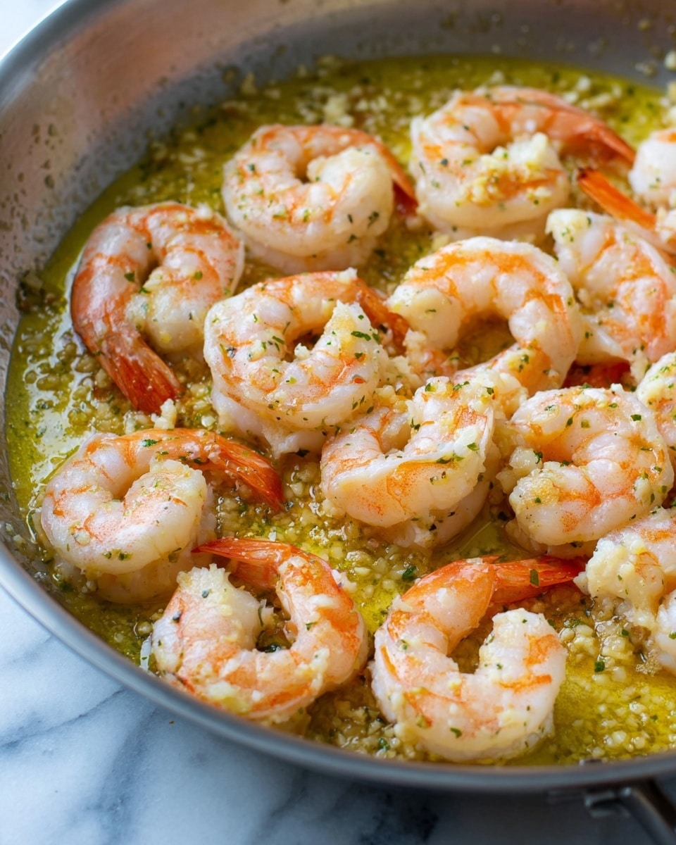 The image shows a pan with several pieces of cooked shrimp arranged closely together in a single layer. The shrimp are pink and white with a soft texture, sitting in a yellow garlic butter sauce with small bits of finely chopped garlic spread throughout. The pan is silver and visible along the edges, with a wooden surface beneath it that is replaced by a white marbled texture. The shrimp appear gently curled with a slight shine from the sauce, capturing a warm and fresh cooking moment. photo taken with an iphone --ar 4:5 --v 7