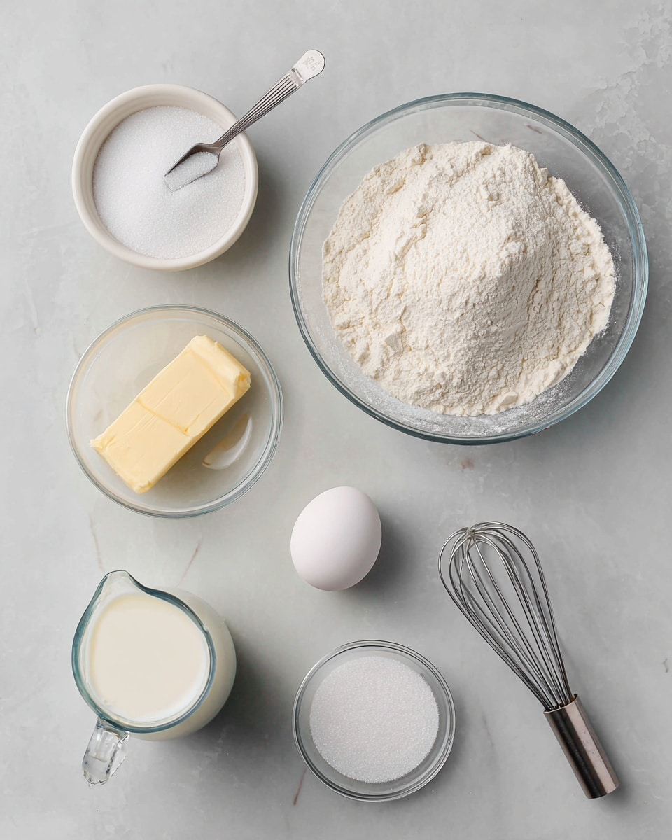 The image shows baking ingredients neatly arranged on a white marbled surface. At the top right, a clear glass bowl is filled with a mound of white flour, showing a fine and powdery texture. To the left of the flour, a small white bowl holds granulated white sugar with a metal measuring spoon resting inside. Below, a single white egg is placed next to a small clear bowl containing light tan dry yeast granules. Further down, a clear bowl contains a stick of pale yellow butter with a smooth texture. Near the bottom left, a glass measuring cup holds white milk. Beside the milk, a small clear bowl is filled with white granulated sugar. Finally, a metal whisk lies diagonally near the milk, completing the baking setup. The whole scene is bright and clean with simple, neutral colors. Photo taken with an iphone --ar 4:5 --v 7