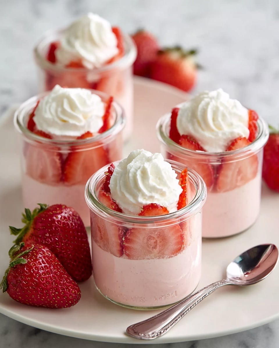 The image shows four small clear glass jars filled with a pale pink creamy dessert. Each jar has thin slices of red strawberries pressed against the inside walls, making a decorative ring around the dessert. The pink creamy layer fills the jars up to the rim. On top of each jar, there is a dollop of white whipped cream with soft swirls. The jars are placed on a white plate which holds some whole fresh red strawberries with green tops. A shiny silver spoon is laid on the white plate next to one of the jars. The background is a white marbled surface. photo taken with an iphone --ar 4:5 --v 7