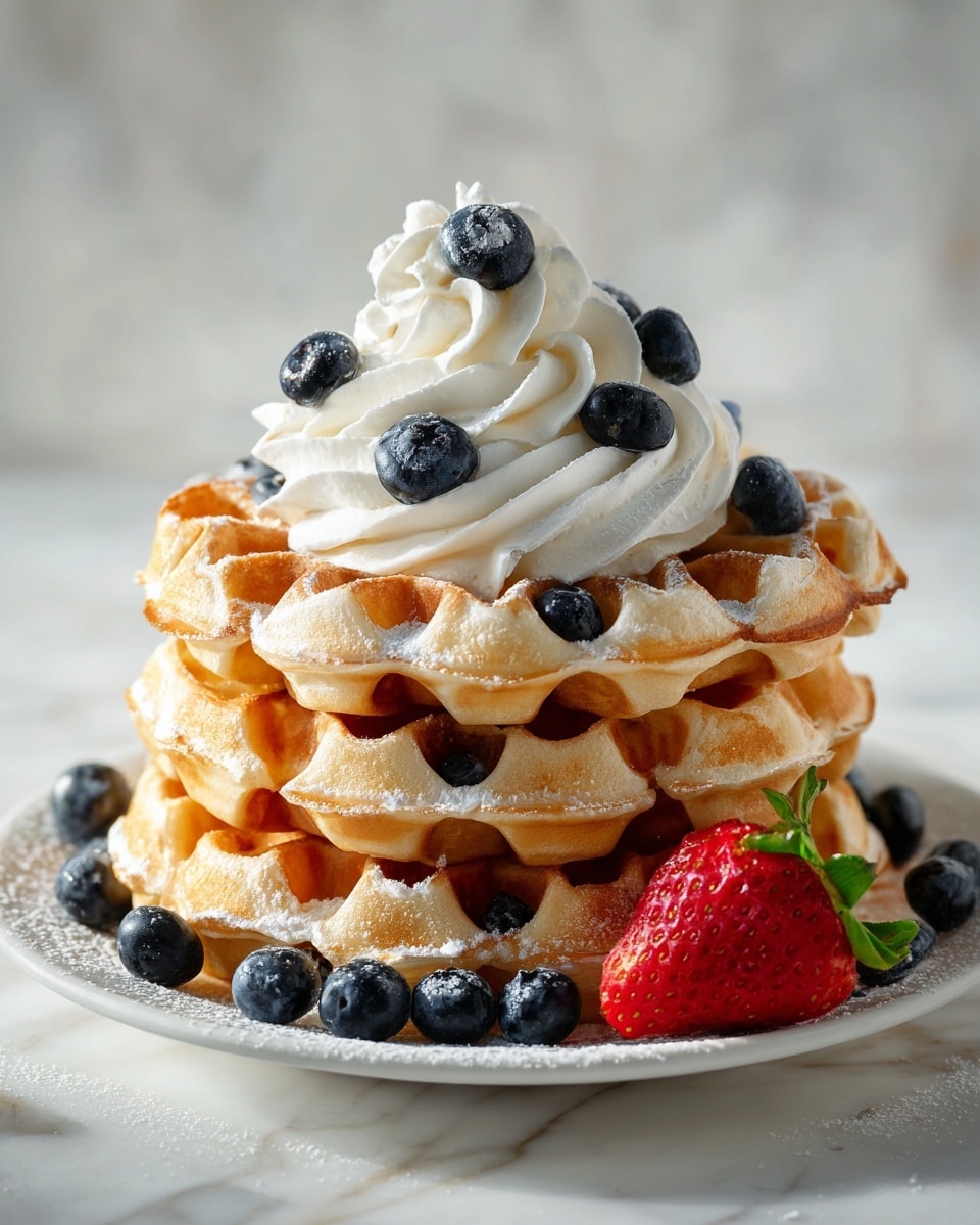 A stack of three golden-brown waffles with scalloped edges sits on a white plate, dusted lightly with powdered sugar. On top, there is a swirl of white whipped cream with several fresh, dark blue blueberries placed around and on the cream. Around the base of the waffles on the plate are scattered more blueberries and a bright red strawberry with its green leaves. The scene is set on a white marbled surface with soft, natural lighting that highlights the texture of the waffles and freshness of the fruit. Photo taken with an iphone --ar 4:5 --v 7