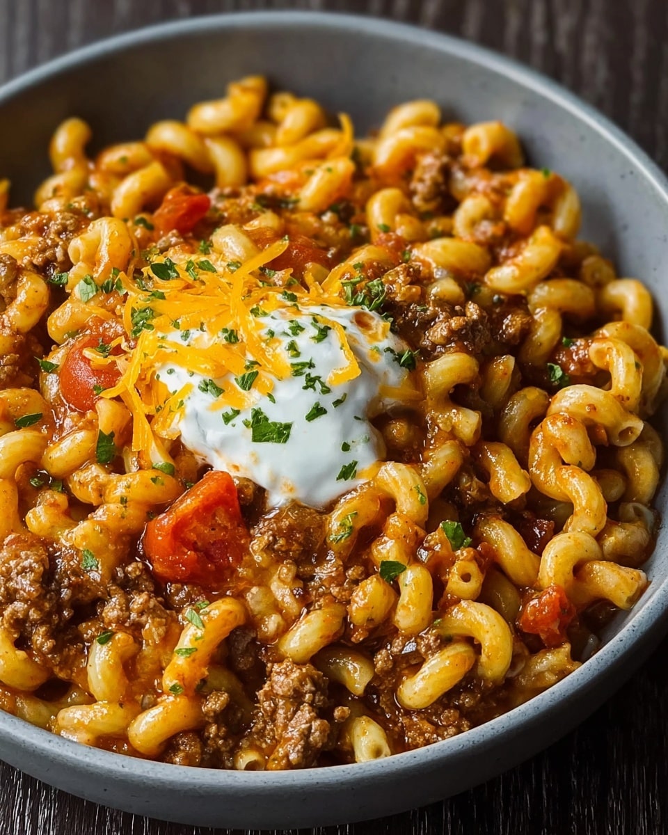 The dish shows a close-up of curly pasta in a white bowl filled with a thick layer of cooked ground meat mixed evenly throughout. The pasta is coated in a rich orange sauce and is dotted with chunks of red tomatoes. On top, there is a small dollop of white sour cream slightly covered by melted sharp yellow cheddar cheese, which stretches over the pasta and meat. Small green herbs are sprinkled across the dish, adding contrast and freshness. The bowl is set on a white marbled surface. photo taken with an iphone --ar 4:5 --v 7