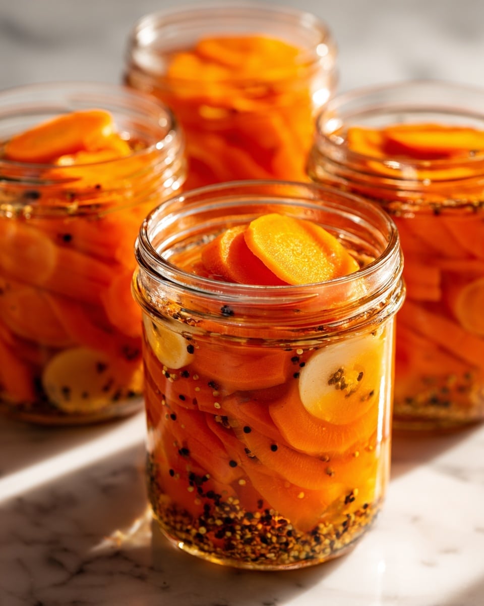 A close-up of four clear glass jars filled with sliced orange carrots and small round white pieces submerged in a speckled light brown liquid with visible black and white mustard seeds and pepper flakes. Each jar is packed full with thin, uniformly cut carrot slices layered closely together from the bottom to the top, some slices floating near the lids. The jars sit on a white marbled textured surface that reflects light softly. The photo gives a warm, slightly glossy look of the pickled vegetables inside the jars, highlighting their vivid orange and pale yellow colors. Photo taken with an iphone --ar 4:5 --v 7