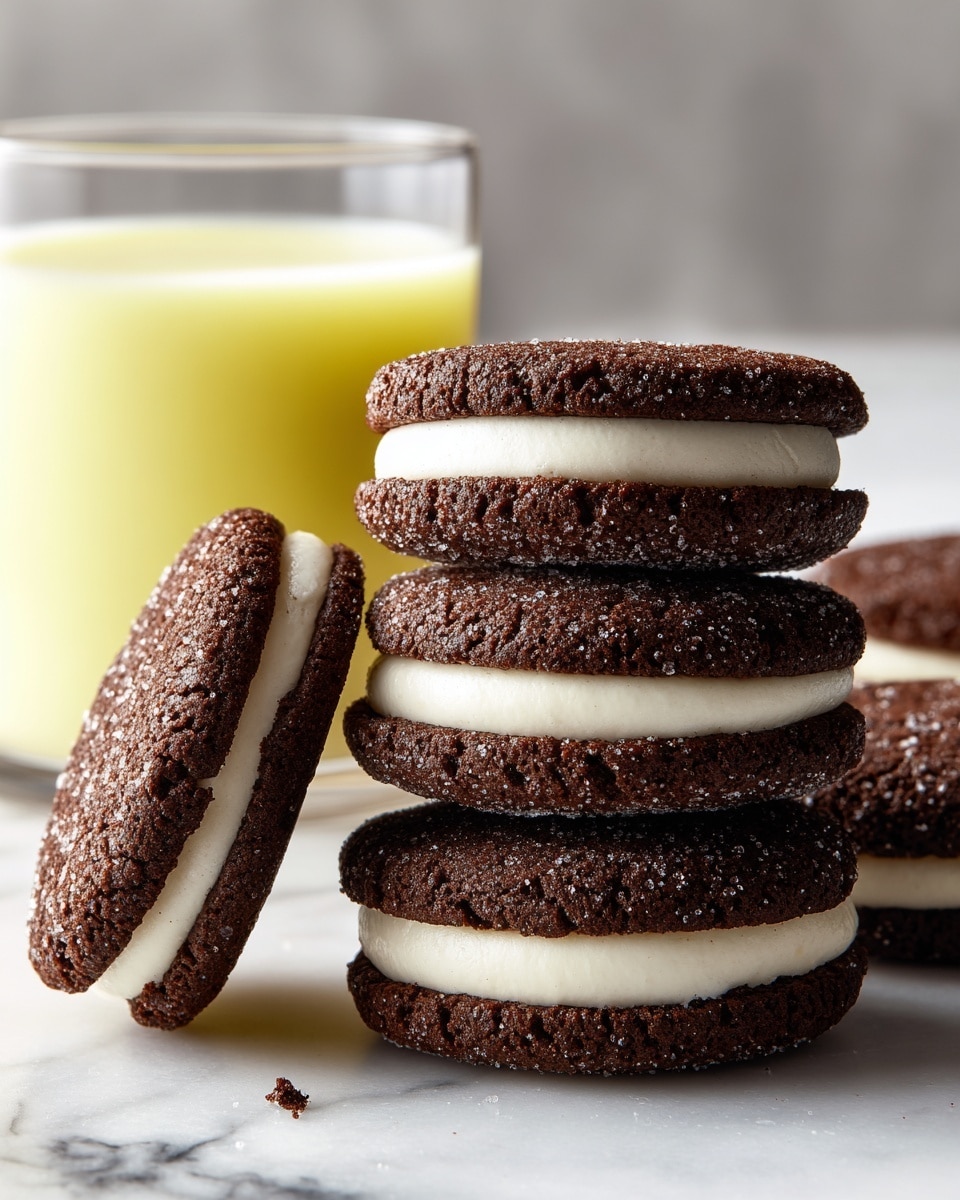 The image shows two sandwich cookies on a white rectangular plate placed on a white marbled surface. Each cookie has two dark brown sugar-coated textured cookie layers with visible sugar crystals on top and a smooth, thick white cream filling in the middle. There is a glass bottle with a creamy yellow drink blurred in the background, adding soft color contrast. The focus is sharp on the front cookie, highlighting its rough texture and sugar crystals. Photo taken with an iphone --ar 4:5 --v 7