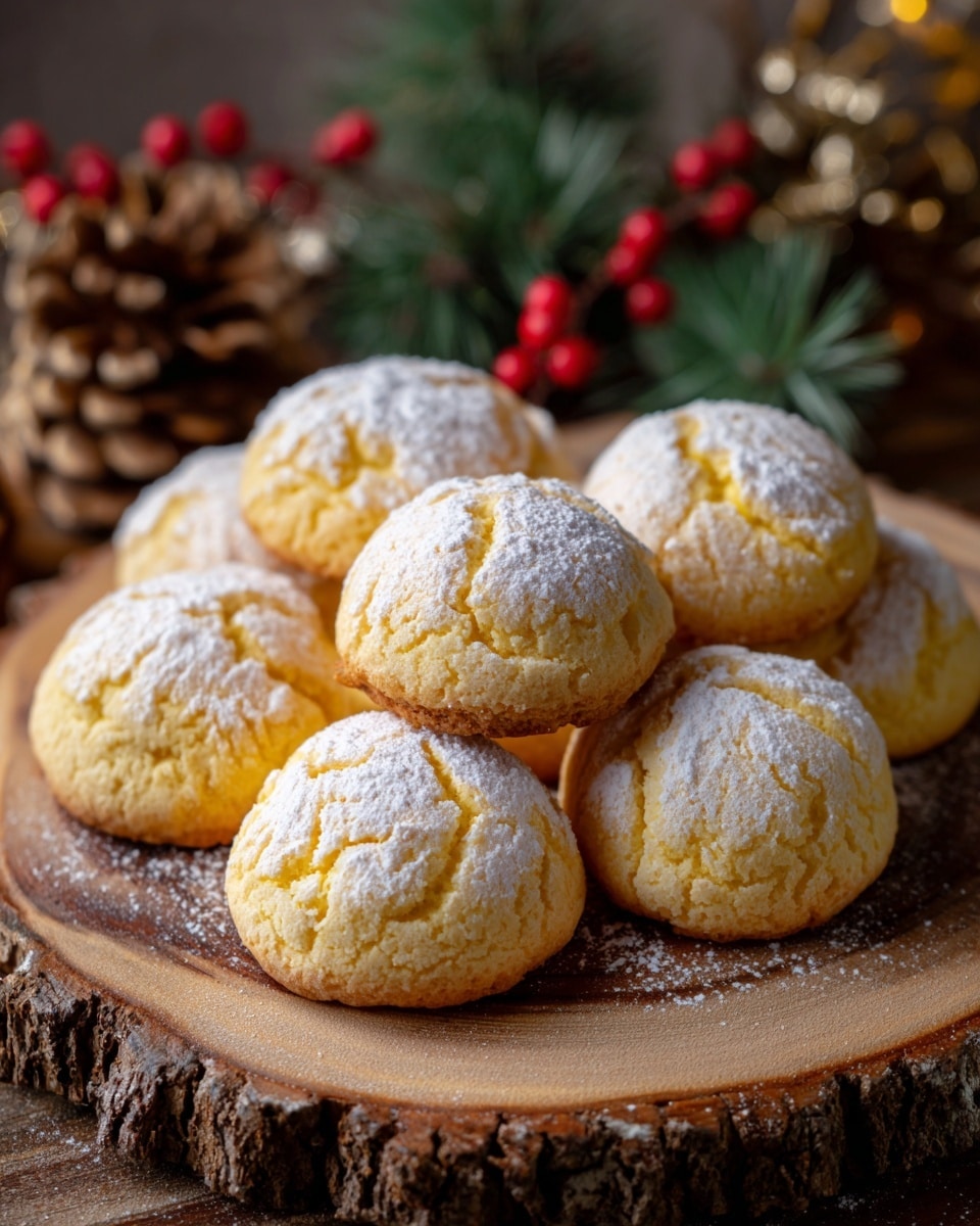 The image shows a group of seven soft, round yellow cakes with a cracked surface texture dusted with white powdered sugar, arranged closely on a rustic wooden round slab with visible tree rings and bark edges. The cakes have a light, fluffy appearance with a slightly uneven texture from the cracks on top. In the blurred background, there are hints of pinecones, evergreen branches, and red berries, providing a warm, festive feel. The scene is captured with an iphone --ar 4:5 --v 7
