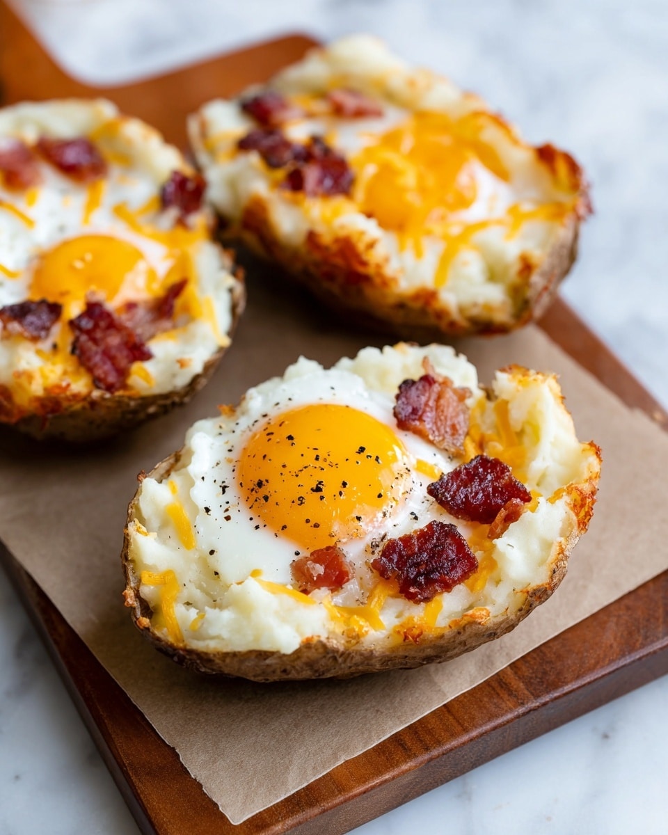 Four potato skins are shown on a white marbled tray lined with brown paper. Each potato skin has three visible layers: the bottom brown potato skin, a thick layer of creamy mashed potato with melted orange cheddar cheese mixed in, and on top, a cooked egg with a bright orange yolk surrounded by white. Crispy pieces of reddish-brown bacon are placed around the egg on each skin. Black pepper is sprinkled over the eggs and potato layers. A small brown bowl with coarse salt is placed beside the potato skins on the tray. photo taken with an iphone --ar 4:5 --v 7