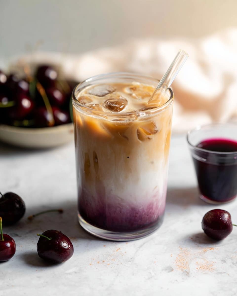 A clear tall glass shows a drink with three layers: a deep purple layer at the bottom, a thick white layer in the middle, and a light brown creamy layer at the top with some foam. The glass has a clear curved straw inside. A woman's hand is holding a dark red cherry by the stem just above the drink. Around the glass are loose shiny cherries, with one bright glass measuring cup with purple liquid on the right and a tipped clear glass on the left, all on a white marbled surface. Soft natural light highlights the smooth textures and rich colors. Photo taken with an iphone --ar 4:5 --v 7