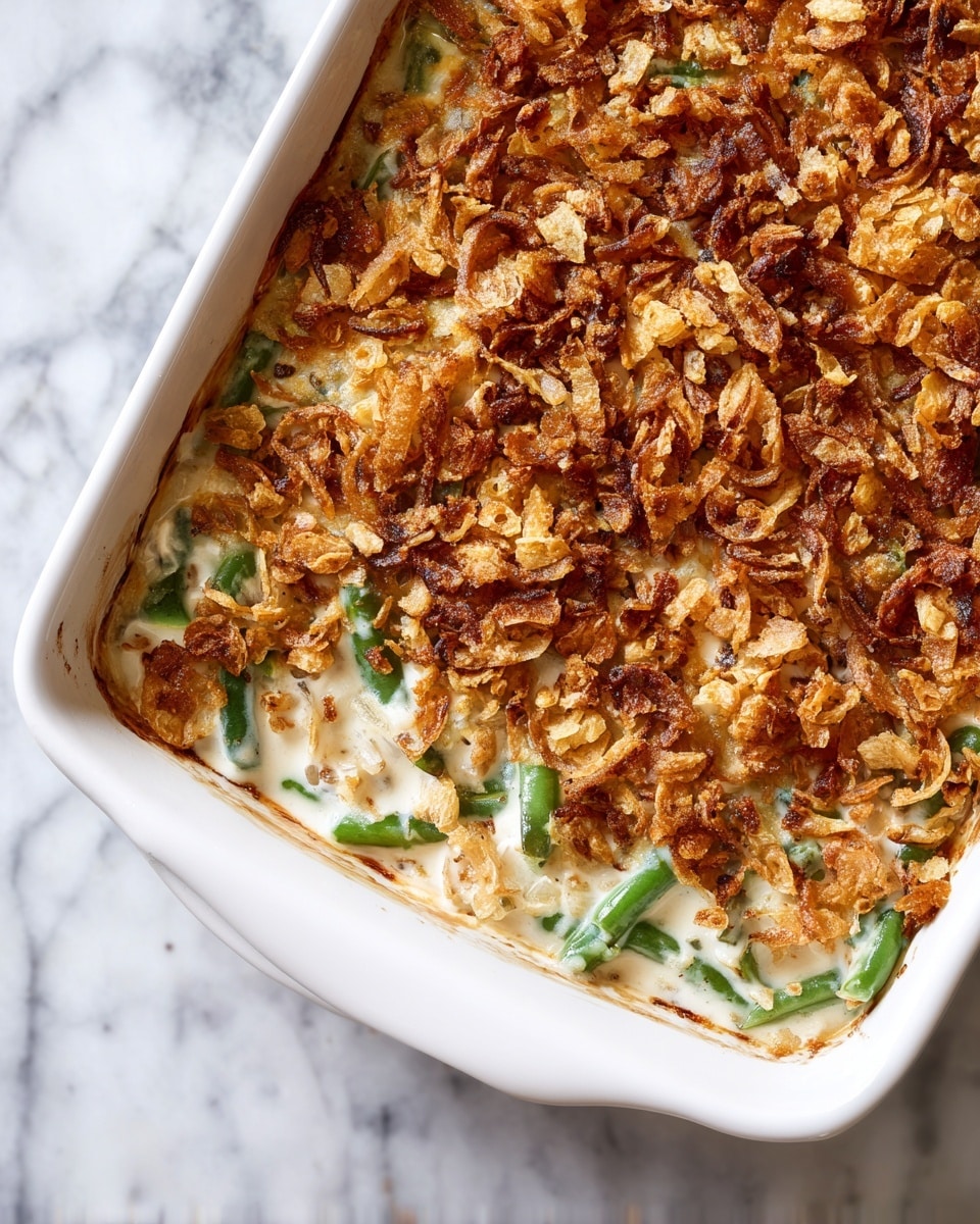 A white rectangular baking dish filled with a creamy casserole that has a golden brown crispy onion topping scattered unevenly on top. The top layer is crunchy and textured with light and dark brown fried onions and flakes of coarse salt. Underneath, there is a thick creamy sauce with visible green beans and tender chunky pieces that look soft and well-cooked. The edges show some browned spots where the sauce has thickened against the dish. The background is a white marbled surface. photo taken with an iphone --ar 4:5 --v 7