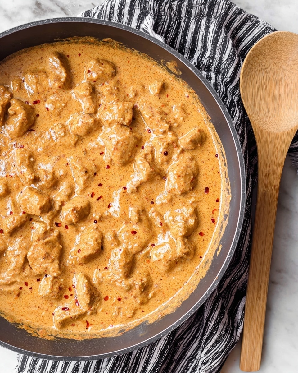 A close-up view of a dark metal pan filled with chunks of food covered in a thick, creamy sauce that is light orange with specks of red and brown spices. The sauce looks smooth and coats each piece well, with small bubbling and steam rising from it. The pan sits on a white marbled surface, and to the right, there is a wooden spoon resting on a black and white striped cloth. Photo taken with an iphone --ar 4:5 --v 7
