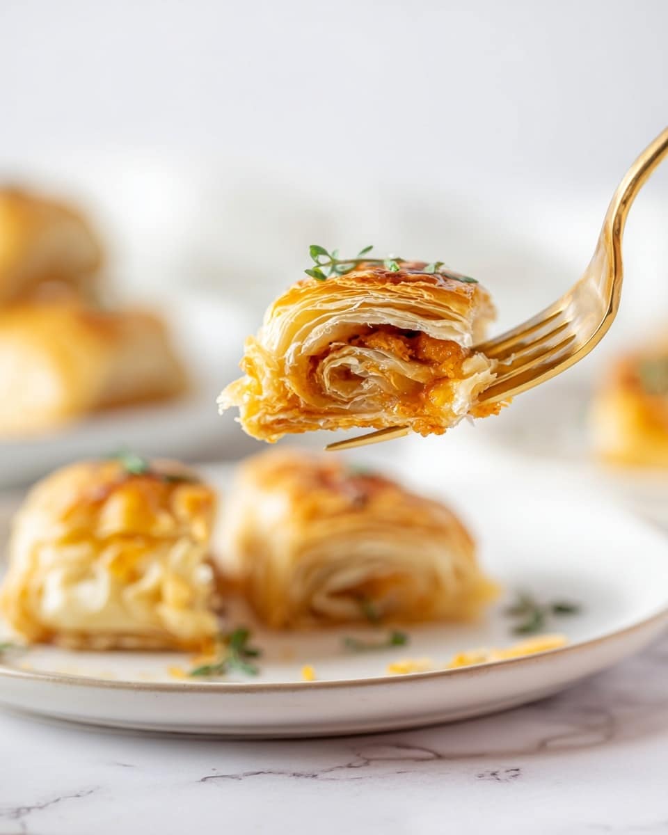 A close-up of a golden fork holding a small piece of flaky puff pastry with a layered texture, showing a warm orange filling inside. In the background, a white plate with more pieces of the same pastry is slightly blurred, revealing layers of light, crispy pastry crust with soft orange filling inside and some small green herb garnish on top. The scene is set on a white marbled surface with soft light illuminating the delicate textures and colors, making the pastry the main focus. Photo taken with an iphone --ar 4:5 --v 7