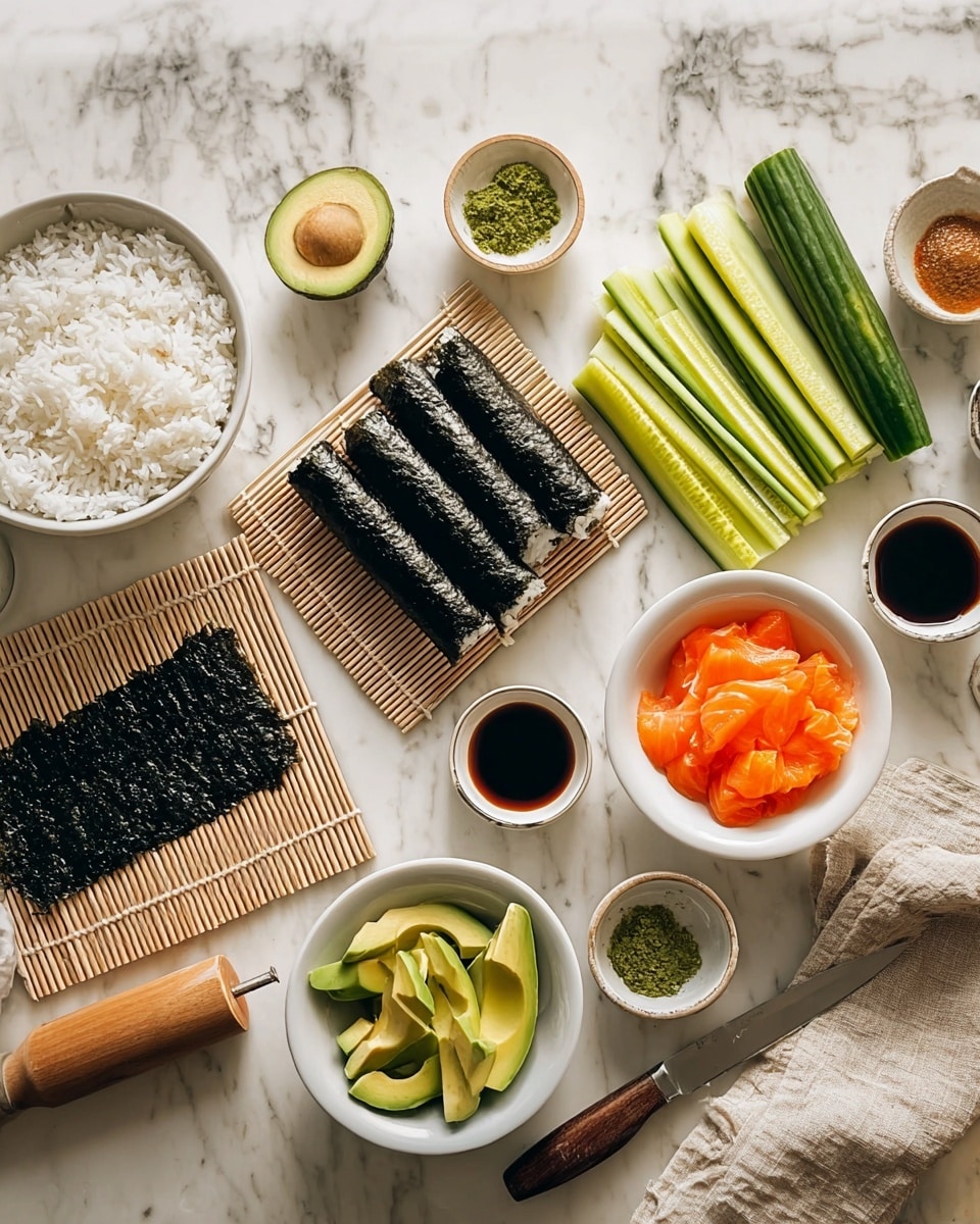 The image shows ingredients for making sushi rolls arranged on a white marbled surface. There is a white bowl filled with cooked white rice on the left side. Beside it, a bamboo sushi rolling mat holds a sheet of dark green seaweed with rice spread on top. Next to the mat, a group of five rolled sushi pieces wrapped in seaweed are lined up horizontally. Above the rolls, there are long sticks of bright green cucumber placed parallel to the sushi rolls. To the right, there is a white bowl holding slices of green avocado, and another white bowl with orange slices of raw fish. Several small white dishes contain different sauces and powders, including dark soy sauce and green matcha powder, scattered around the main ingredients. Some kitchen tools, like a knife with a wooden handle and a small wooden roller, are placed nearby. A beige cloth napkin is folded on the right side. Photo taken with an iphone --ar 4:5 --v 7