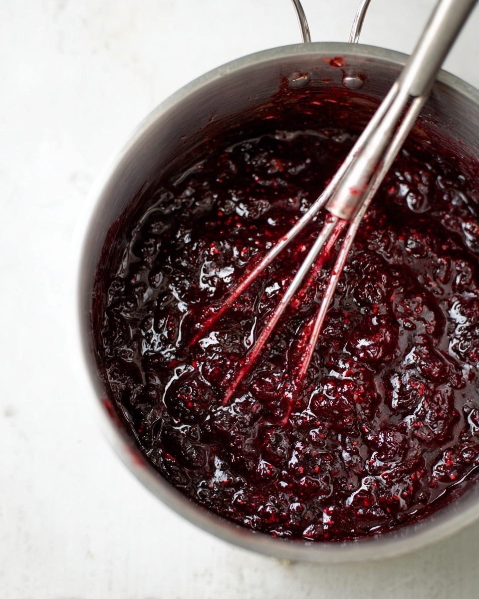 A close-up top view of a silver metal pot filled with dark purple and red chunky jam or fruit mixture. A silver metal masher with red-stained edges is partially submerged in the thick, glossy textured jam, showing bits of crushed fruit throughout. The pot sits on a white marbled surface, highlighting the rich colors and shiny look of the cooked fruit inside. photo taken with an iphone --ar 4:5 --v 7