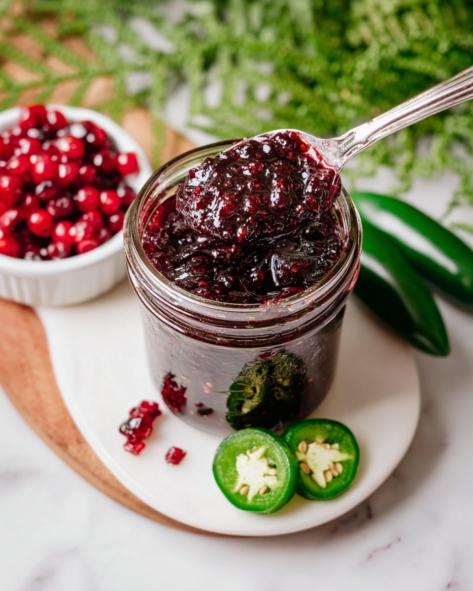 A close-up view of a small glass jar filled with dark red jam with visible seeds and a shiny, sticky texture. A silver spoon scoops the jam from the jar, showing its thick, chunky consistency. The jar sits on a white plate, which rests on a white marbled surface. Around the plate, there are three green jalapeño peppers, one whole and two sliced showing light green seeds, and some red, round berries in a white bowl on the left side. Behind the jar, some green fern leaves add a natural touch. photo taken with an iphone --ar 4:5 --v 7