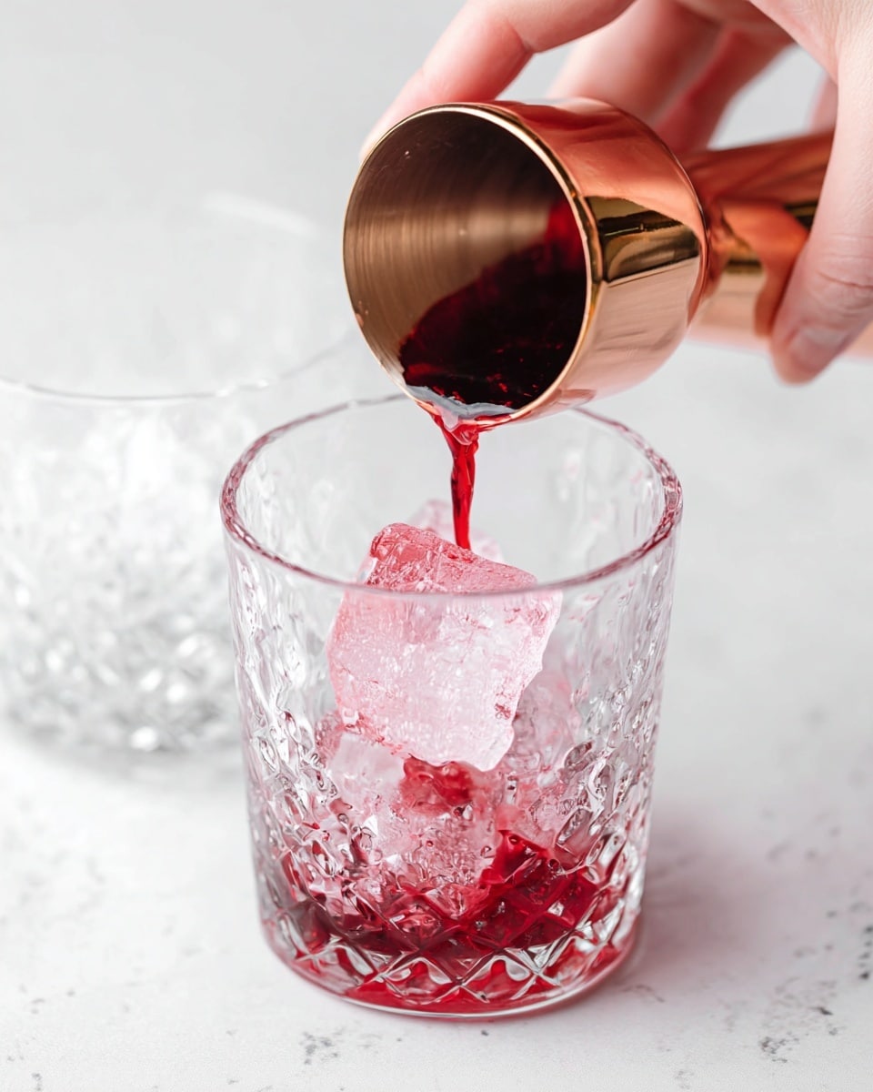A close-up image shows a woman's hand pouring a deep red liquid from a shiny copper jigger into a clear, textured glass filled with two large, clear ice cubes. The red liquid flows smoothly around the ice, creating a contrast with the frosty cubes and the transparent glass walls, all set on a white marbled surface with another empty clear glass blurred in the background. photo taken with an iphone --ar 4:5 --v 7