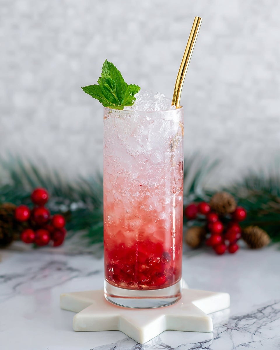 A tall clear glass filled with a layered pink-red drink with ice cubes scattered throughout. The bottom layer is a deep red color, gradually changing to a lighter pink with some bubbles, mixed with whole red berries floating inside. The glass is topped with a slice of lime on the rim and fresh green mint leaves behind it. The glass sits on a round wooden surface, surrounded by a few loose red berries and a half lime. The background is softly blurred with warm yellow lights. Photo taken with an iphone --ar 4:5 --v 7