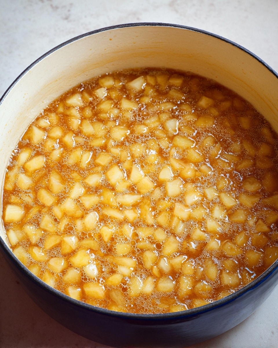 The image shows a close-up of a large pot filled with small yellowish cubes that look like cooked fruit or vegetables simmering in a thick, shiny light brown liquid. The pot has an off-white inner surface that contrasts with its dark blue outer edge. Tiny bubbles float on the liquid's surface, giving it a warm and fresh appearance. The pot sits on a white marbled surface. photo taken with an iphone --ar 4:5 --v 7