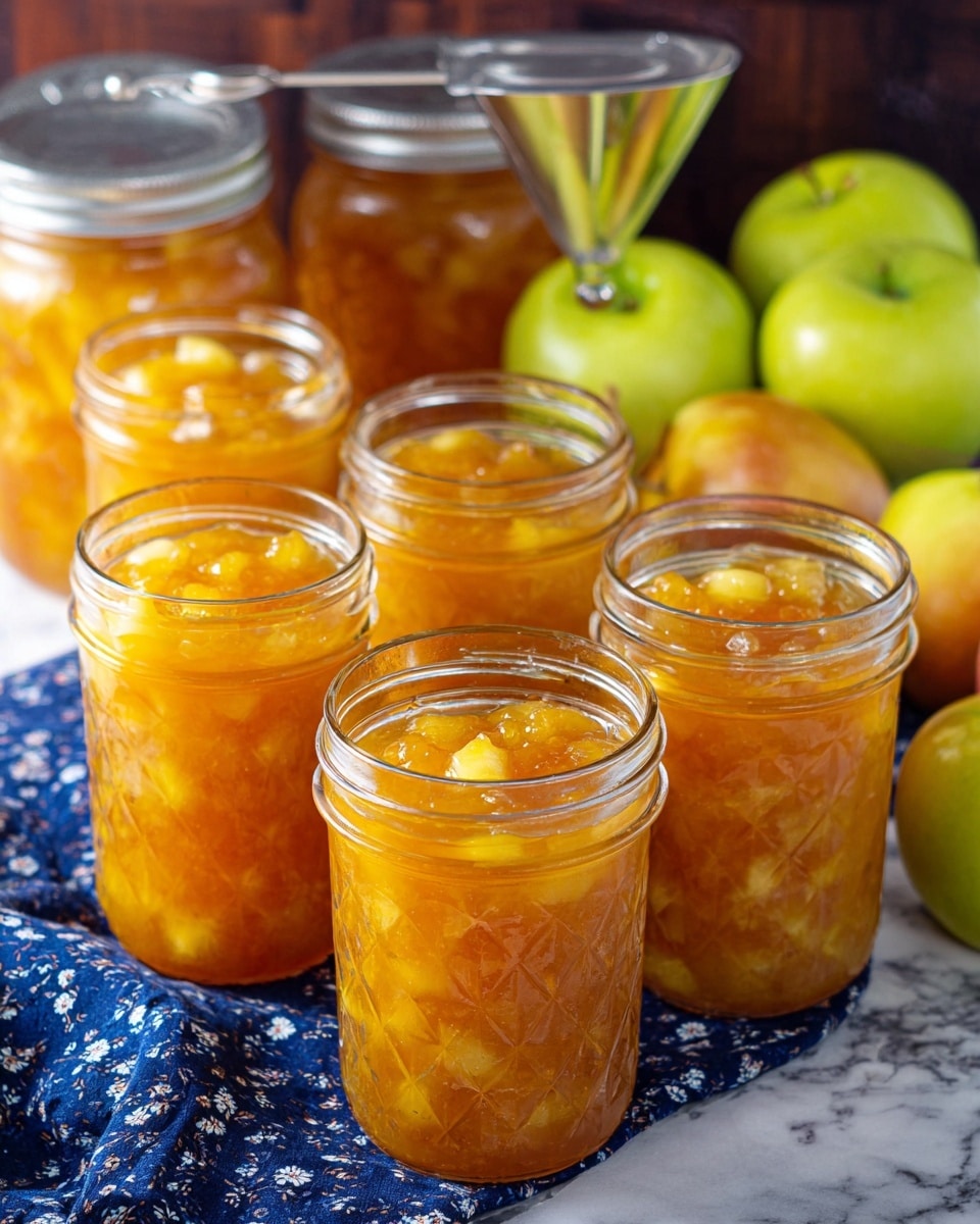 Several clear glass jars are filled with orange-yellow fruit jam that contains small chunks of fruit. The jars are arranged close together on a dark blue cloth with a white pattern, set on a white marbled surface. Behind the jars, there are whole green and yellow apples, adding fresh green and yellow tones to the image. A clear glass funnel rests inside one of the jars in the back. The overall scene has a warm and homemade feel with a mix of shiny glass textures, soft fruit pieces, and crisp apples. photo taken with an iphone --ar 4:5 --v 7
