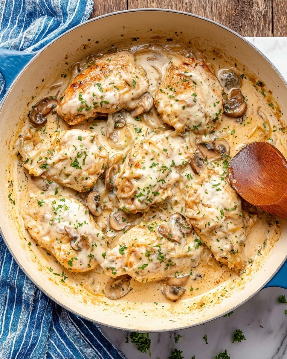 The image shows a white pan filled with several pieces of cooked chicken covered in a creamy sauce with melted white cheese on top. The sauce is light beige and includes small sliced mushrooms and bits of onion mixed throughout. The chicken pieces are well coated and sprinkled with small green parsley flakes. A wooden spoon rests in the pan on the right side, lifting one piece of chicken slightly. The pan is placed on a white marbled surface with a blue and white striped cloth partially visible in the background. photo taken with an iphone --ar 4:5 --v 7