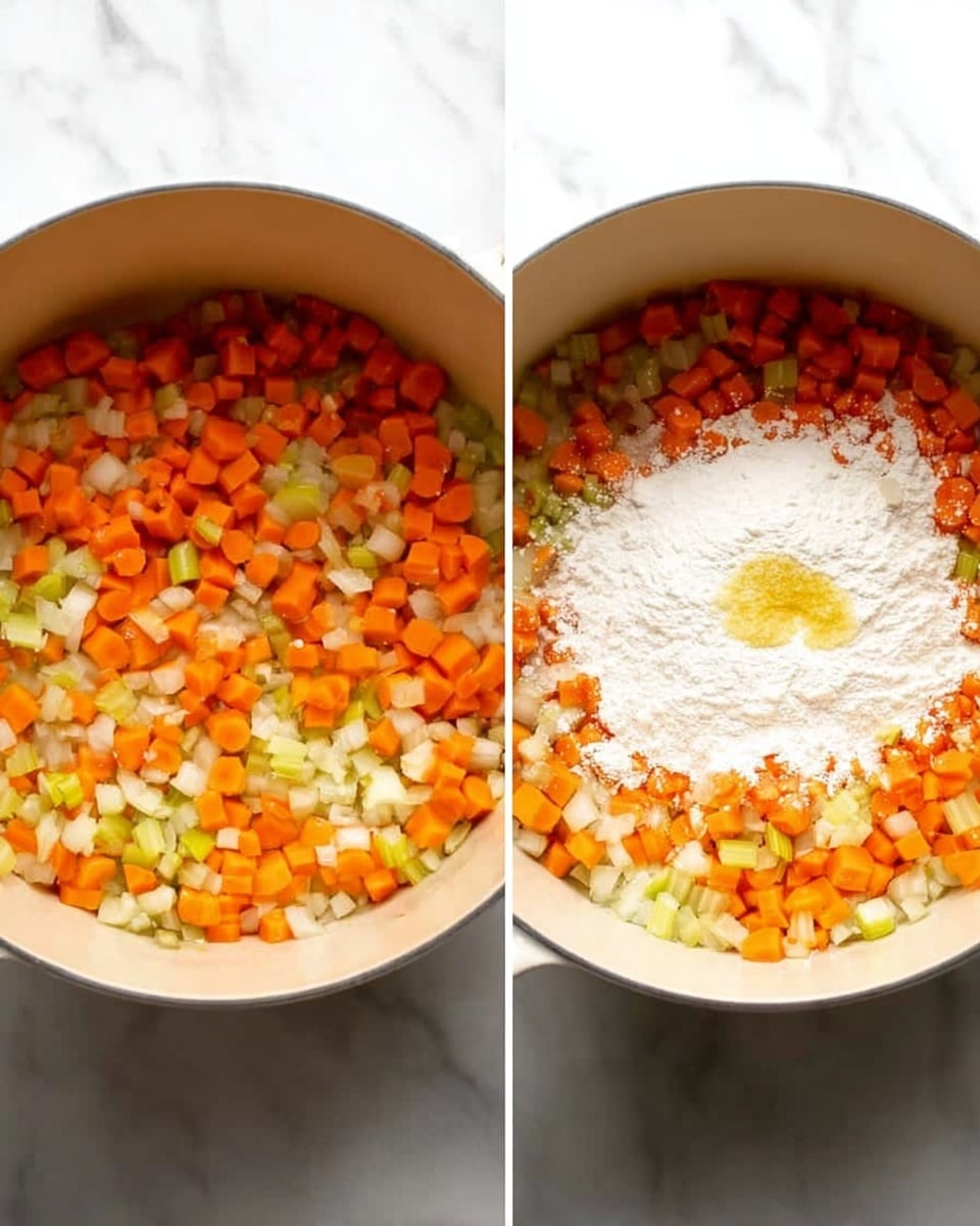 Two side-by-side images show a large white pot on a white marbled surface. The pot is filled with small diced orange carrots, light green celery, and white onions. The left image shows the vegetables cooking together evenly. In the right image, a white powder (flour) is sprinkled on top of the vegetables, with a small dollop of light yellow paste (likely garlic or ginger) in the center. The pot has a smooth and round shape, the ingredients layered at the bottom, and the bright colors of the vegetables stand out against the light background. Photo taken with an iphone --ar 4:5 --v 7