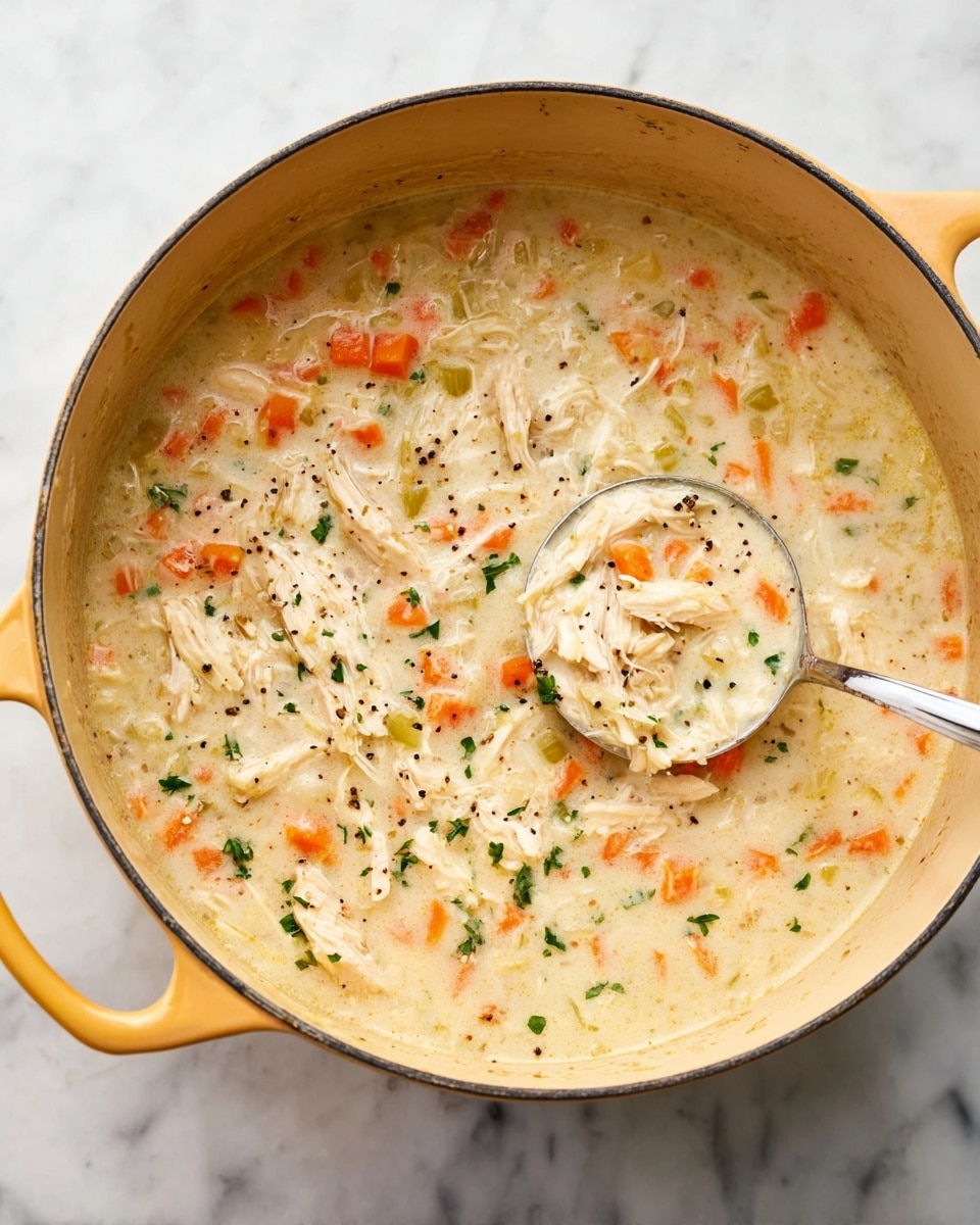 A large yellow pot filled with creamy chicken and vegetable soup sits on a white marbled surface, showing a thick texture with visible layers of shredded white chicken, small orange carrot pieces, light green celery bits, and tiny sprinkles of green herbs scattered throughout. The creamy base is light beige, studded with black pepper flakes, and a silver ladle rests inside the pot partially submerged in the soup, lifting some of the mixture. The pot has a smooth, slightly speckled interior with a single handle extending to the left. Photo taken with an iphone --ar 4:5 --v 7