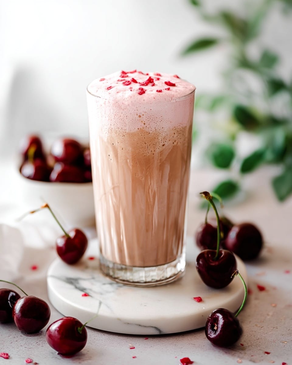 A tall clear glass sits on a round white marble coaster, filled with a light brown creamy drink that has soft vertical swirls. On top, there is a thick layer of light pink frothy foam sprinkled with small, bright red pieces. Around the glass, there are dark red cherries, some with stems, resting on a white marbled surface. A small white bowl with more cherries is in the background on the left, and a green leafy sprig is on the right. The background is softly blurred white. Photo taken with an iphone --ar 4:5 --v 7