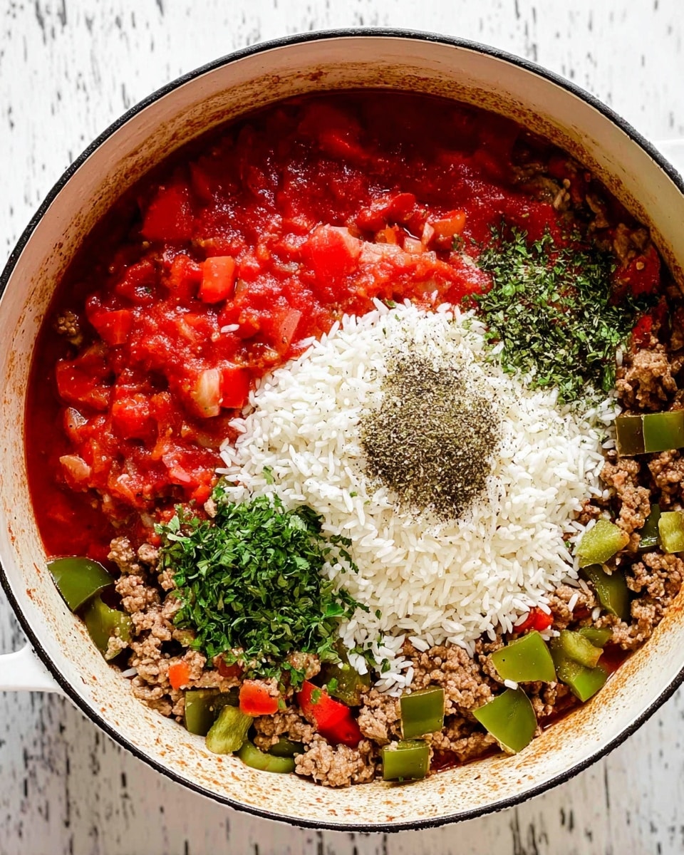 A white pot filled with several layers of ingredients for cooking. At the bottom and sides is cooked ground meat mixed with bright green and red bell pepper pieces, showing a coarse and chunky texture. On top of this meat mixture is a layer of diced red tomatoes in a red sauce, spread unevenly on one side. In the middle of the pot, there is a mound of dry white rice, creating a smooth and grainy layer. On top of the rice, there are small piles of chopped green herbs and ground black pepper, adding a fresh and speckled texture. The pot sits on a white marbled surface. Photo taken with an iphone --ar 4:5 --v 7