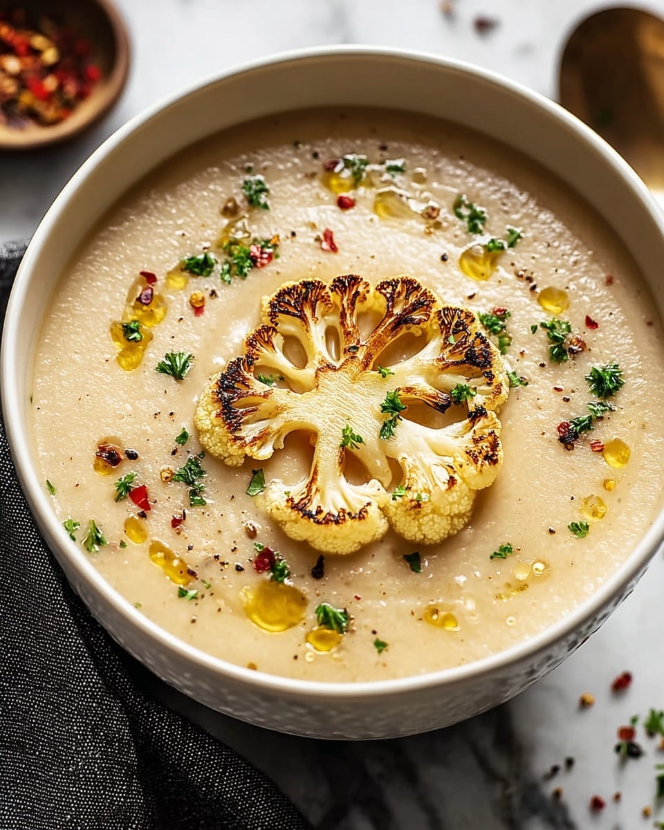 A bowl filled with smooth beige cauliflower soup sits on a white marbled surface. On top of the soup are six browned roasted cauliflower florets arranged near the center, surrounded by a spiral of golden olive oil. Small green parsley leaves and black pepper specks are scattered over the soup and florets, adding color and texture. The bowl is white and round, with the soup filling most of it. Photo taken with an iphone --ar 4:5 --v 7