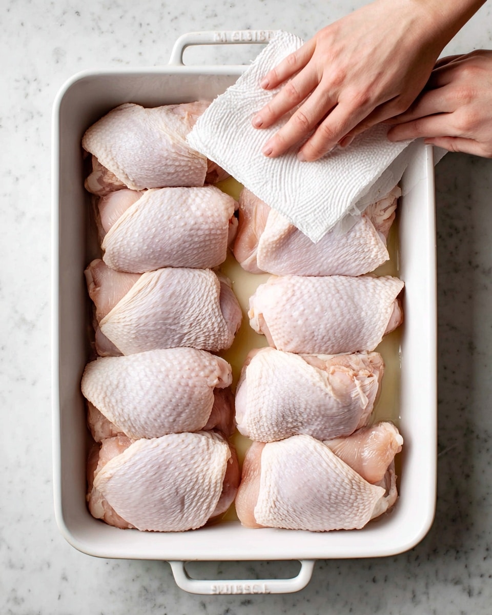 A beige baking tray lined with two sheets of white parchment paper holds four raw chicken thighs. The thighs have a pale pink color with white skin on top, showing a slightly bumpy texture. They are placed in two rows, with two thighs in each row, spaced evenly apart. The tray is resting on a white marbled surface with thin black lines creating a grid pattern. Photo taken with an iphone --ar 4:5 --v 7