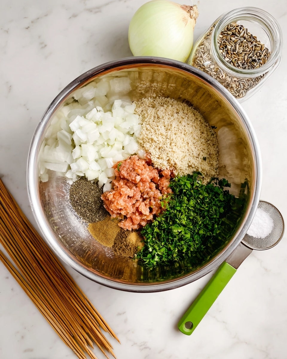 A shiny silver mixing bowl on a white marbled surface holds six main ingredients separated in sections: finely chopped white onions on the upper left, light beige breadcrumbs on the upper right, green chopped herbs like parsley on the lower left, a light orange raw minced meat in the center, dark ground spices like cumin and black pepper in the lower right, and a small pile of white salt slightly above the ground spices. To the left of the bowl lie five wooden skewers, and on the right side on the white marbled surface is a glass jar with seeds, a metal measuring spoon with a green handle, and half a white onion placed flat side down. Photo taken with an iphone --ar 4:5 --v 7