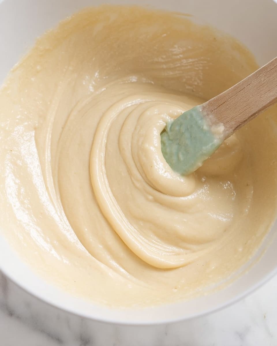 A close-up view of a creamy, smooth batter with a pale yellow color, swirling in a white bowl. A wooden-handled spatula with a light green silicone head is partially submerged and spreads the thick batter, creating soft, flowing curves and a slightly glossy texture. The image shows only one layer of the batter, filling about half of the bowl. The background is a white marbled surface. Photo taken with an iphone --ar 4:5 --v 7