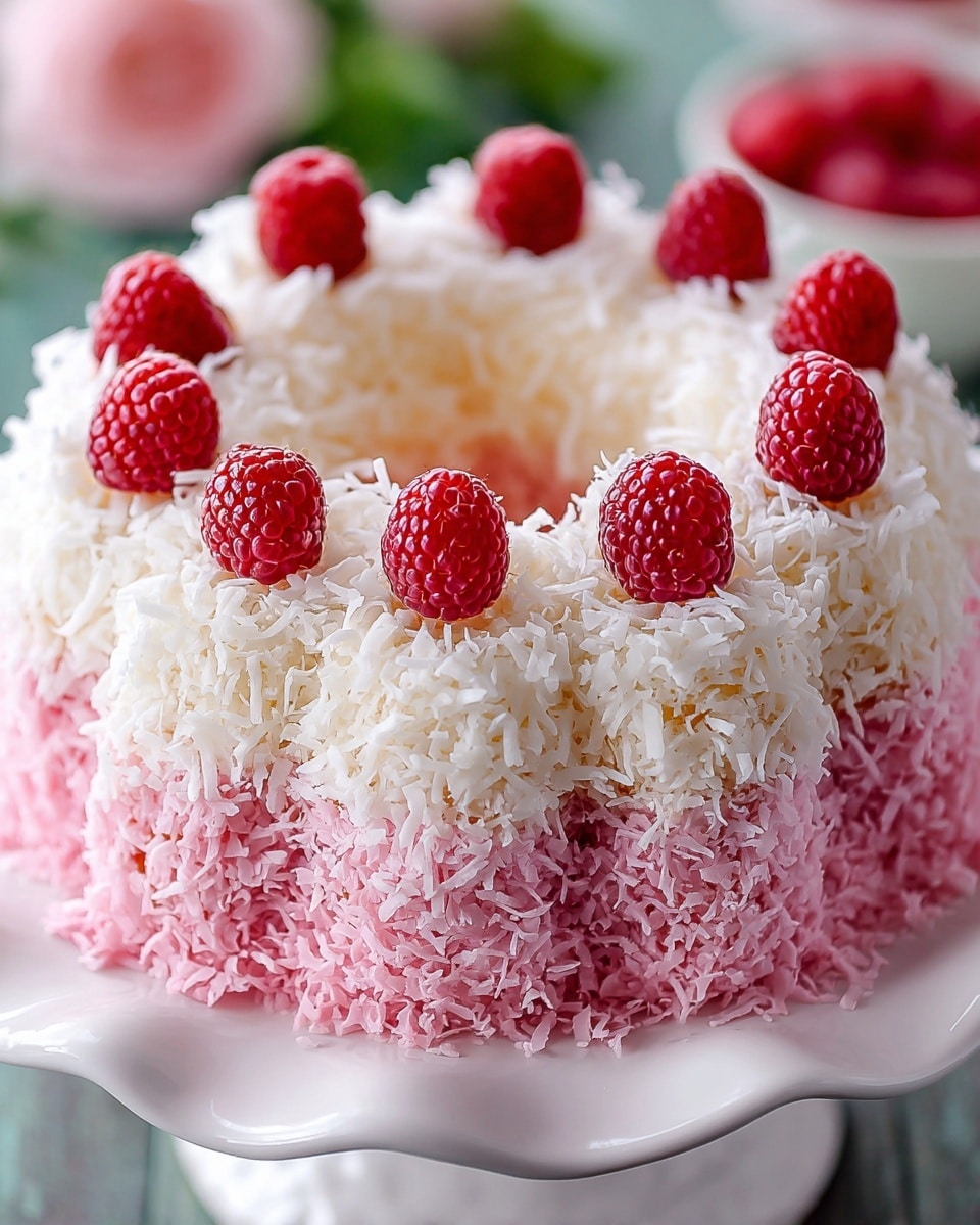 The cake is a round ring shape with many spikes around the edge, covered in white shredded coconut on the top half and pink shredded coconut on the bottom half. Each spike has a fresh red raspberry on top, making a circle. The inside of the ring is empty, showing a smooth pink layer. The cake sits on a white scalloped cake stand, and the background shows some soft green and pink colors blurred out. photo taken with an iphone --ar 4:5 --v 7