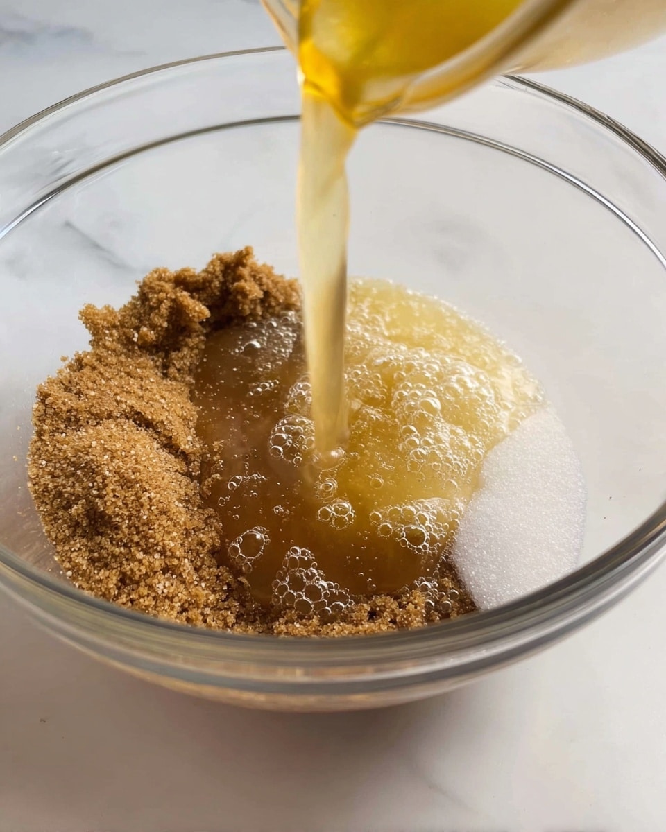 In a clear glass bowl on a white marbled surface, a light golden liquid is being poured onto three dry layers: a coarse brown layer at the bottom left, a white granular layer next to it, and a darker brown sticky layer on the right side, all partially mixed. The textures contrast with the smooth flowing liquid creating bubbles where they meet. photo taken with an iphone --ar 4:5 --v 7