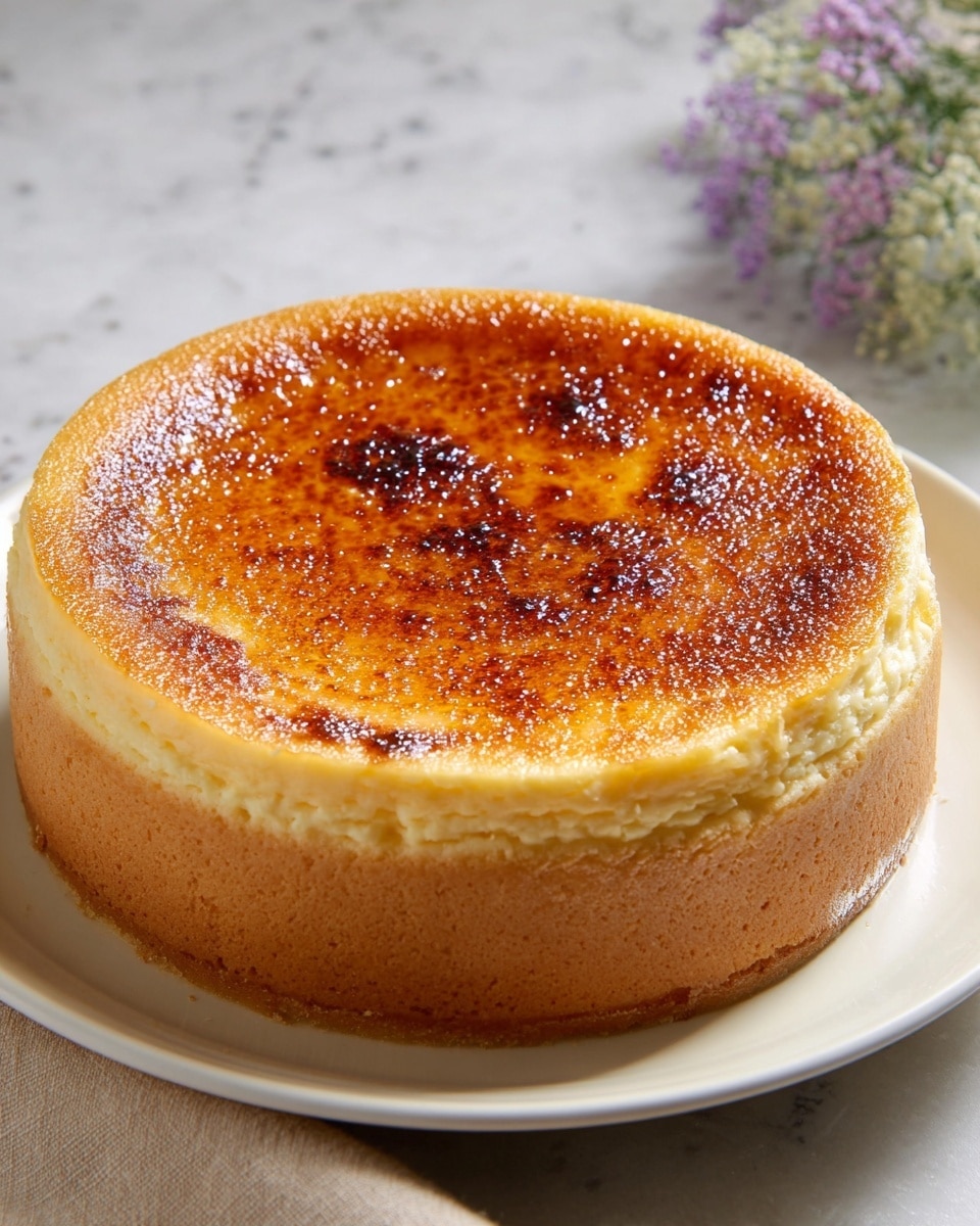A round cheesecake with a thick, light brown crust wraps around the sides. It has one main layer of smooth, pale yellow filling topped with a shiny caramelized sugar layer that is golden brown and crisp, showing spots of darker toasted areas. The cheesecake sits on a white plate with a clean, simple design. The background is a white marbled surface, and there are soft out-of-focus flowers in the back. photo taken with an iphone --ar 4:5 --v 7