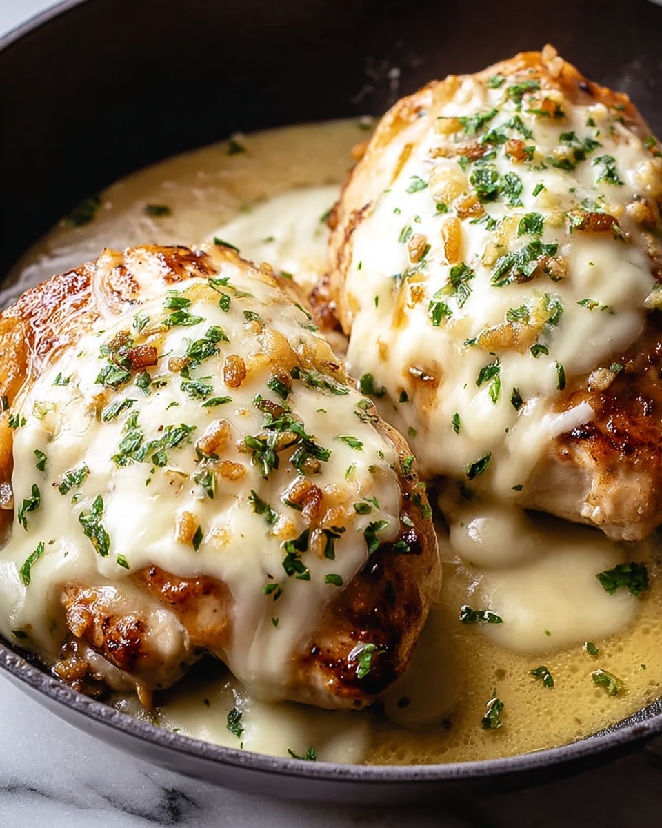 Two pieces of golden brown chicken sit side by side in a black pan on a white marbled surface. Each piece is topped with a thick layer of melted white cheese that slightly drapes down the sides, with small toasted bits and green herb flakes sprinkled over the cheese. The chicken looks juicy with a light broth pooling around the base. photo taken with an iphone --ar 4:5 --v 7