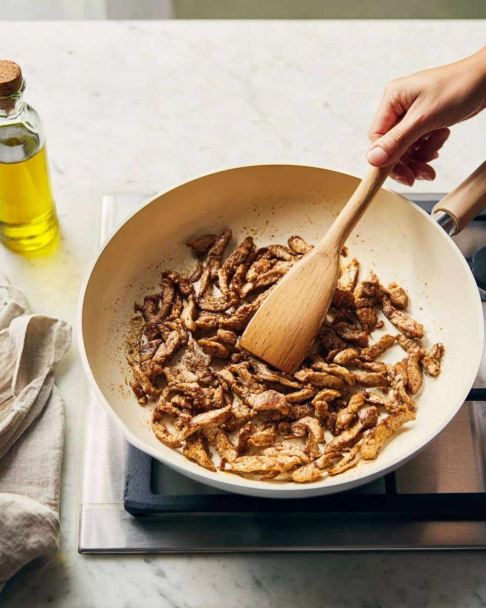 A white pan sits on a stove with small browned strips of cooked meat spread across its surface, showing a golden, crispy texture. A woman’s hand holds a wooden spatula stirring the meat gently. In the background, a bottle of golden olive oil rests on a white marbled surface. The scene has a natural kitchen setting with a neutral color tone, focusing on the cooking process. Photo taken with an iphone --ar 4:5 --v 7