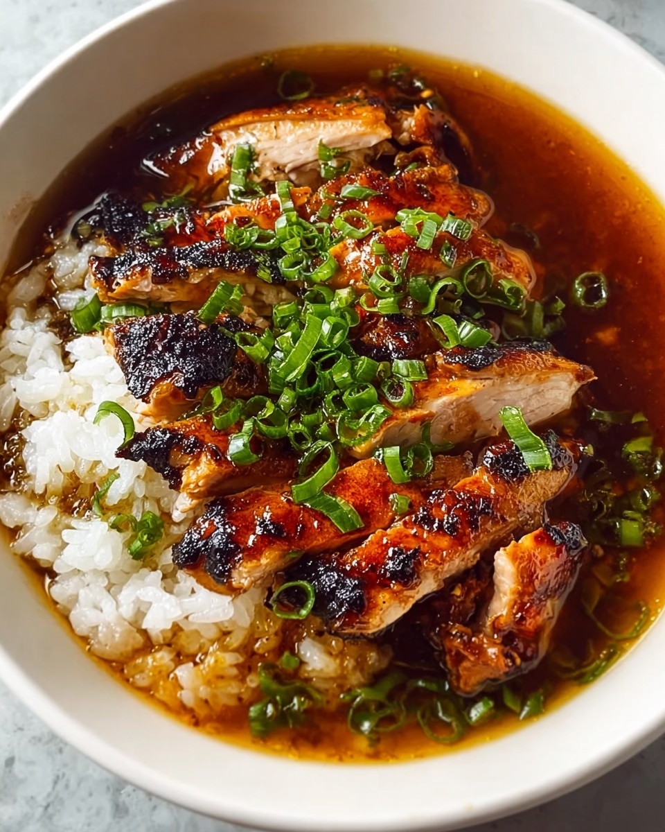 A white bowl filled with three main layers: at the bottom, a bed of white rice with a slightly sticky texture is visible; above the rice, there is a dark brown, glossy broth partially soaking the rice; on top, there are several pieces of grilled chicken with a caramelized, slightly charred surface showing rich brown and golden colors; scattered over the chicken and broth are finely chopped bright green scallions adding freshness and a splash of color. Photo taken with an iphone --ar 4:5 --v 7
