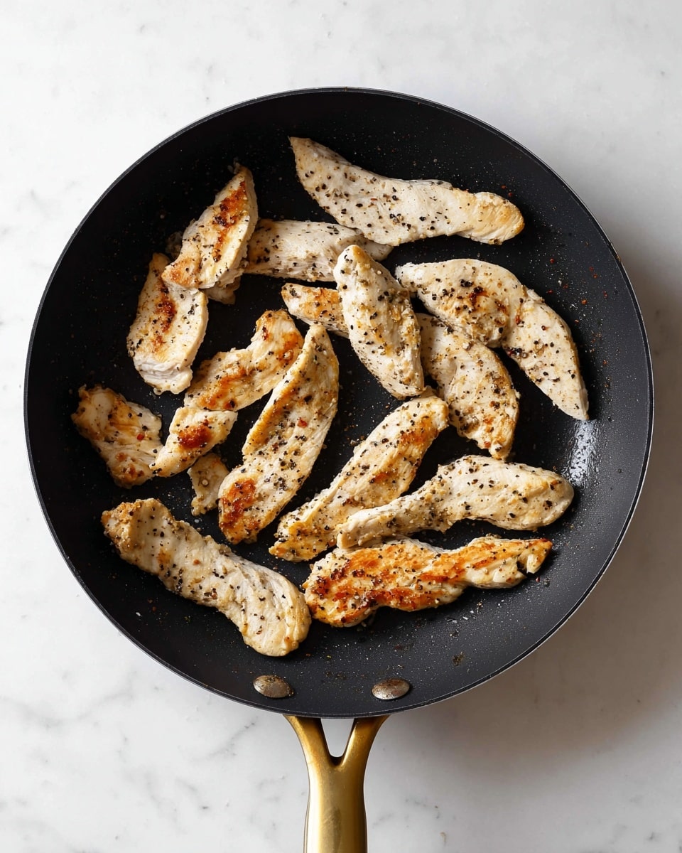 A black frying pan with a gold handle sits on a white marbled surface, filled with eleven thin, unevenly shaped pieces of cooked chicken. The chicken pieces vary in color from pale white to light golden brown with small spots of black pepper sprinkled over them. The texture looks slightly rough with some parts more browned than others. The pieces are spread out across the pan, some slightly curved, and they appear lightly seared. Photo taken with an iphone --ar 4:5 --v 7