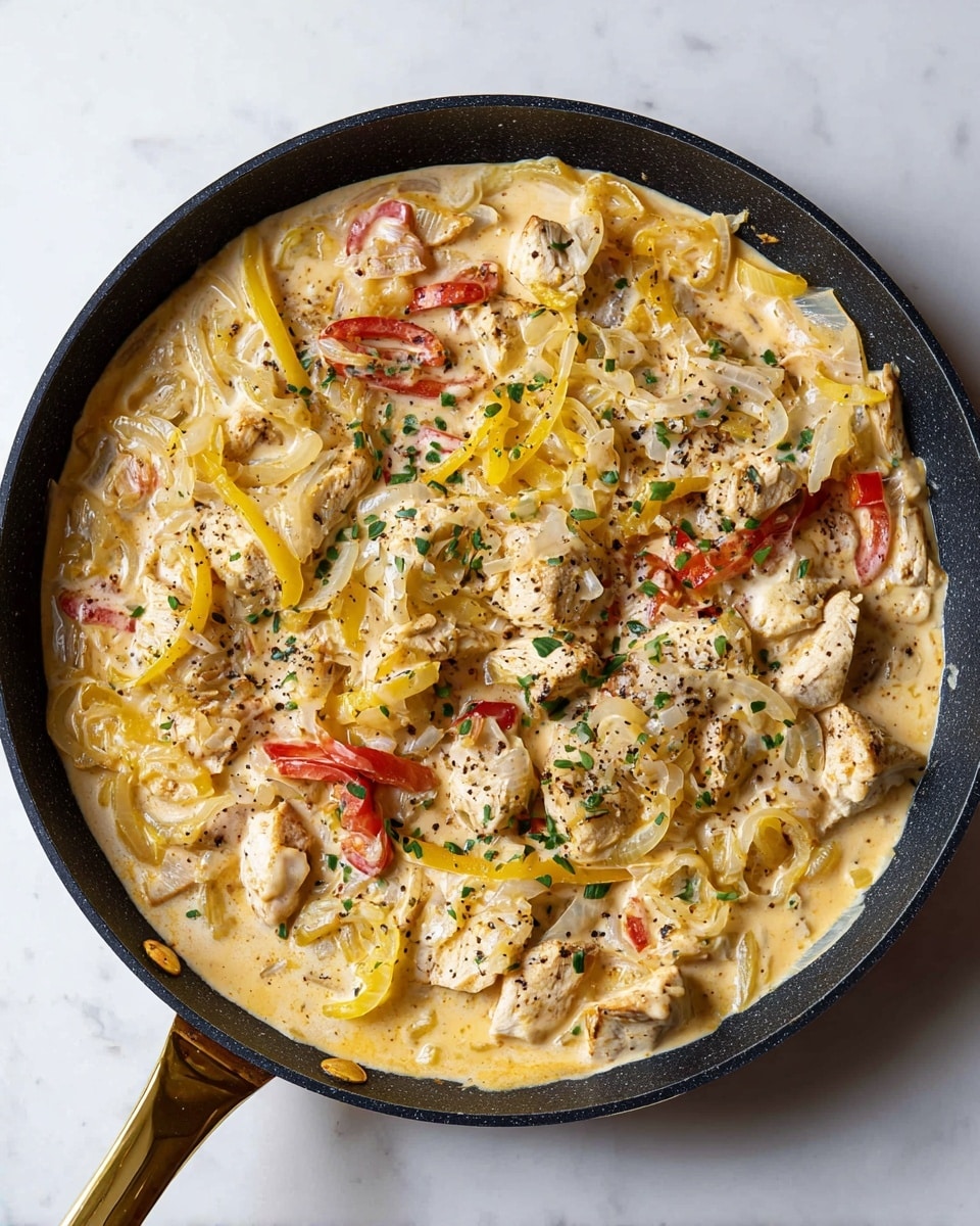 The image shows a black pan with a gold handle filled with creamy sauce and pieces of cooked chicken sitting in the sauce. The dish has many layers of color and texture with the creamy light yellow-orange sauce as the base layer, covering most of the pan. On top of the sauce, there are white chunks of cooked chicken spread evenly. Mixed throughout are chopped cooked onions which are translucent white, thin rings of yellow peppers, and thin strips of red peppers. Sprinkles of small green herb leaves are scattered across the top, along with some black pepper dots. The pan is placed on a white marbled surface. Photo taken with an iphone --ar 4:5 --v 7