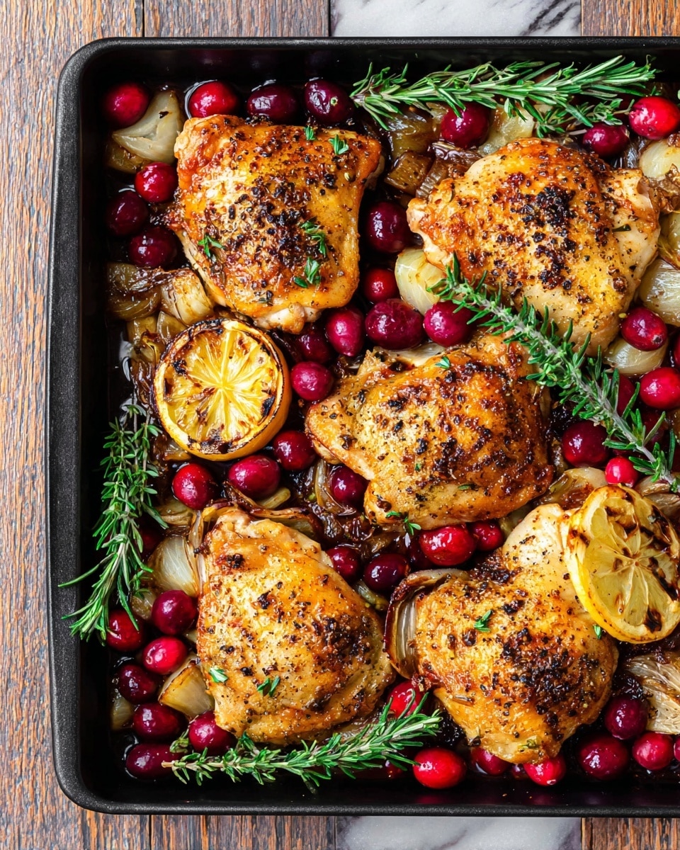 A black baking pan filled with five pieces of roasted chicken with a golden brown, slightly crispy skin on top, scattered with cracked black pepper and herbs. Around the chicken, there are bright red whole cranberries, some slightly shriveled, mixed with caramelized chunks of light brown onions and celery. There are two halves of grilled lemon with a charred, yellow surface nestled among the ingredients. Small sprigs of fresh green rosemary are placed evenly across the dish, adding a pop of color. The pan sits on a white marbled surface with rustic wood tones just barely visible at the edges. photo taken with an iphone --ar 4:5 --v 7