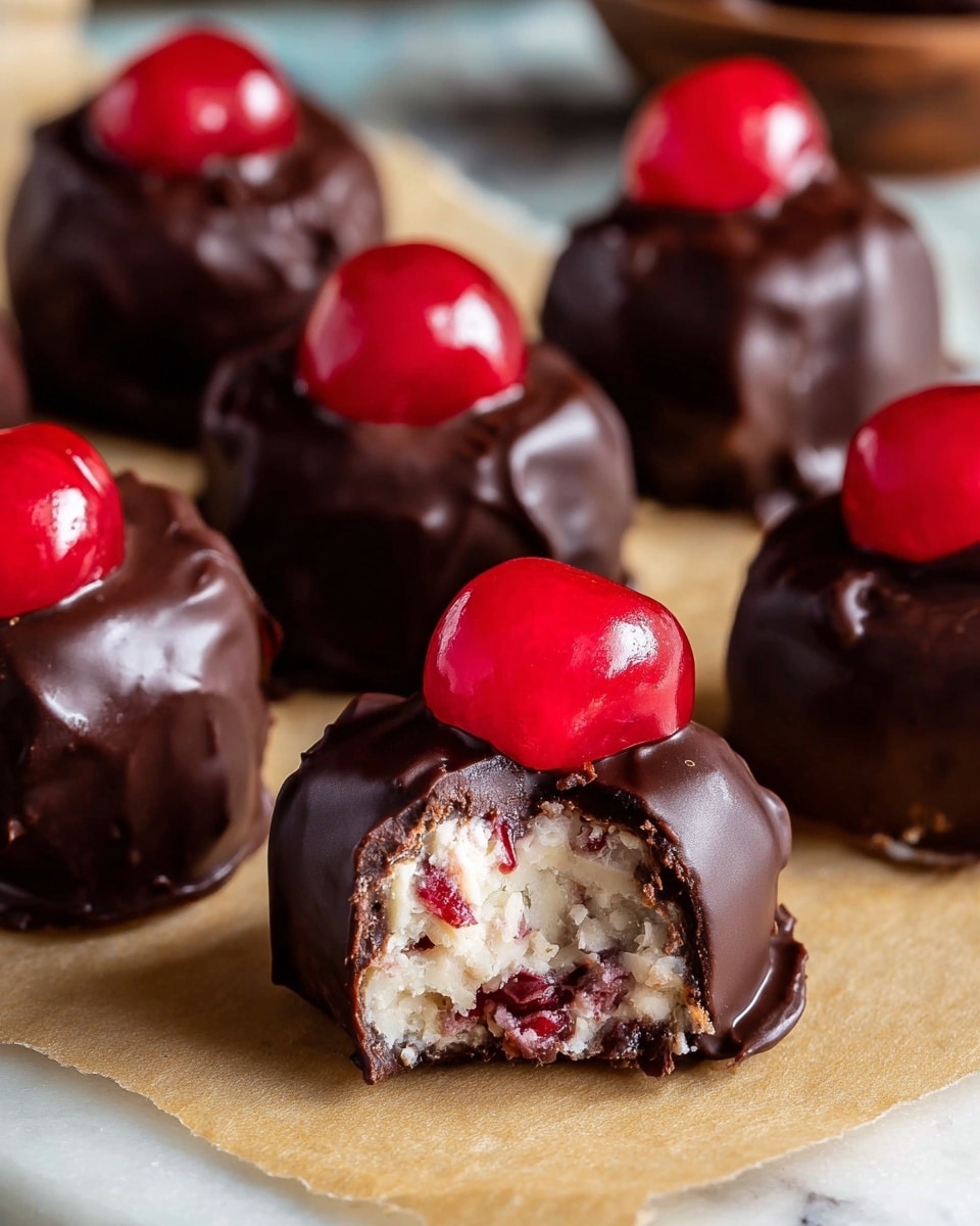 The image shows several small chocolate-covered treats arranged on light brown parchment paper. Each piece has a thick outer layer of dark, glossy chocolate with a smooth but slightly uneven texture. On top of each treat sits a bright, shiny red cherry. One treat is in the front and has a bite taken out, revealing a white, creamy inside mixed with small red bits and a bit of light brown, crumbly texture at the bottom, all inside the dark chocolate shell. The background surface is a white marbled texture. photo taken with an iphone --ar 4:5 --v 7
