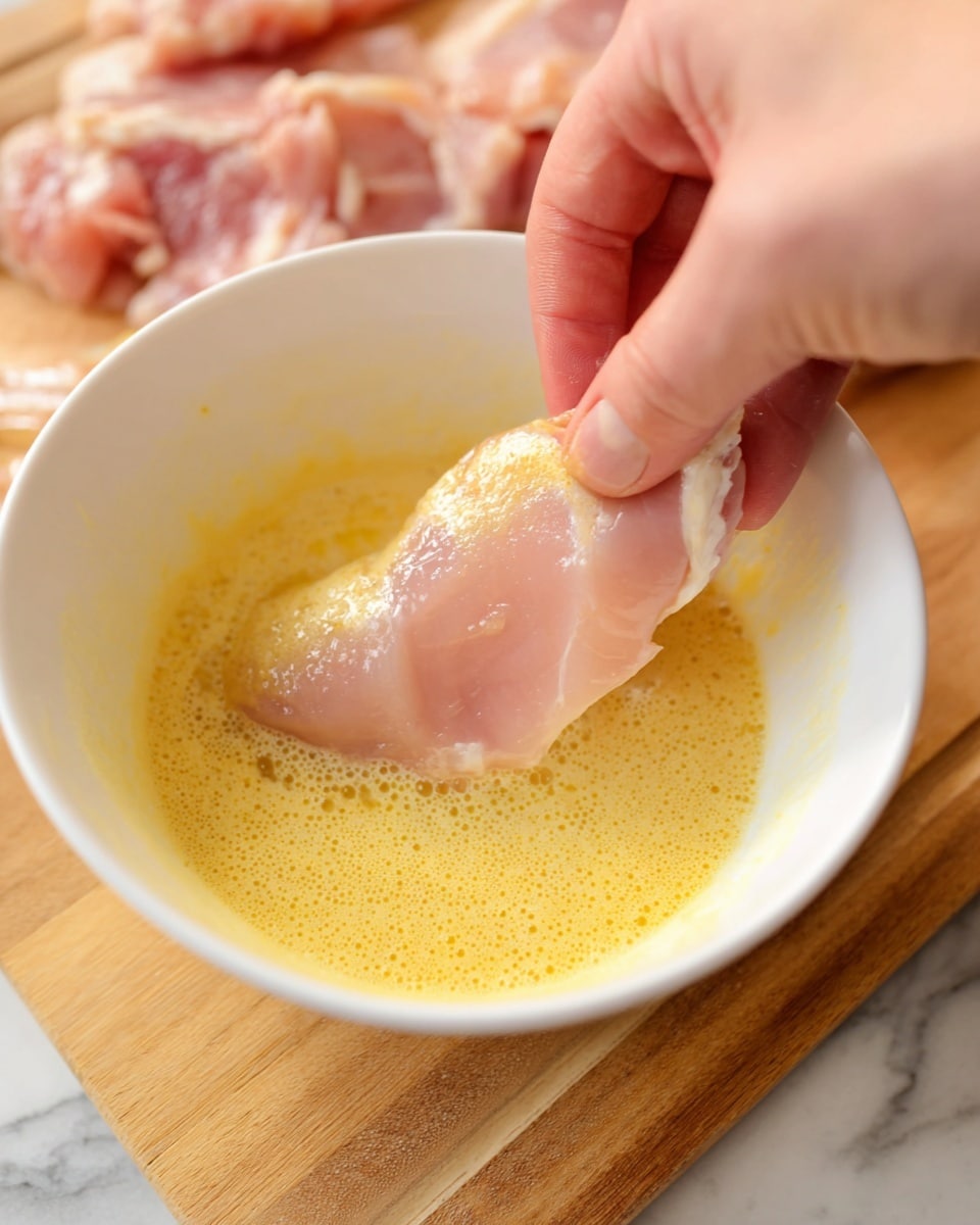 A woman's hand is holding a raw piece of light pink meat, dipping it into a white bowl filled with light yellow beaten eggs. The egg mixture is smooth and slightly foamy, coating the meat partially. The bowl sits on a white marbled surface, and more pieces of raw light pink meat can be seen on a light wooden cutting board in the background. The focus is on the action of dipping the meat, showing the texture of both the meat and the egg. Photo taken with an iphone --ar 4:5 --v 7