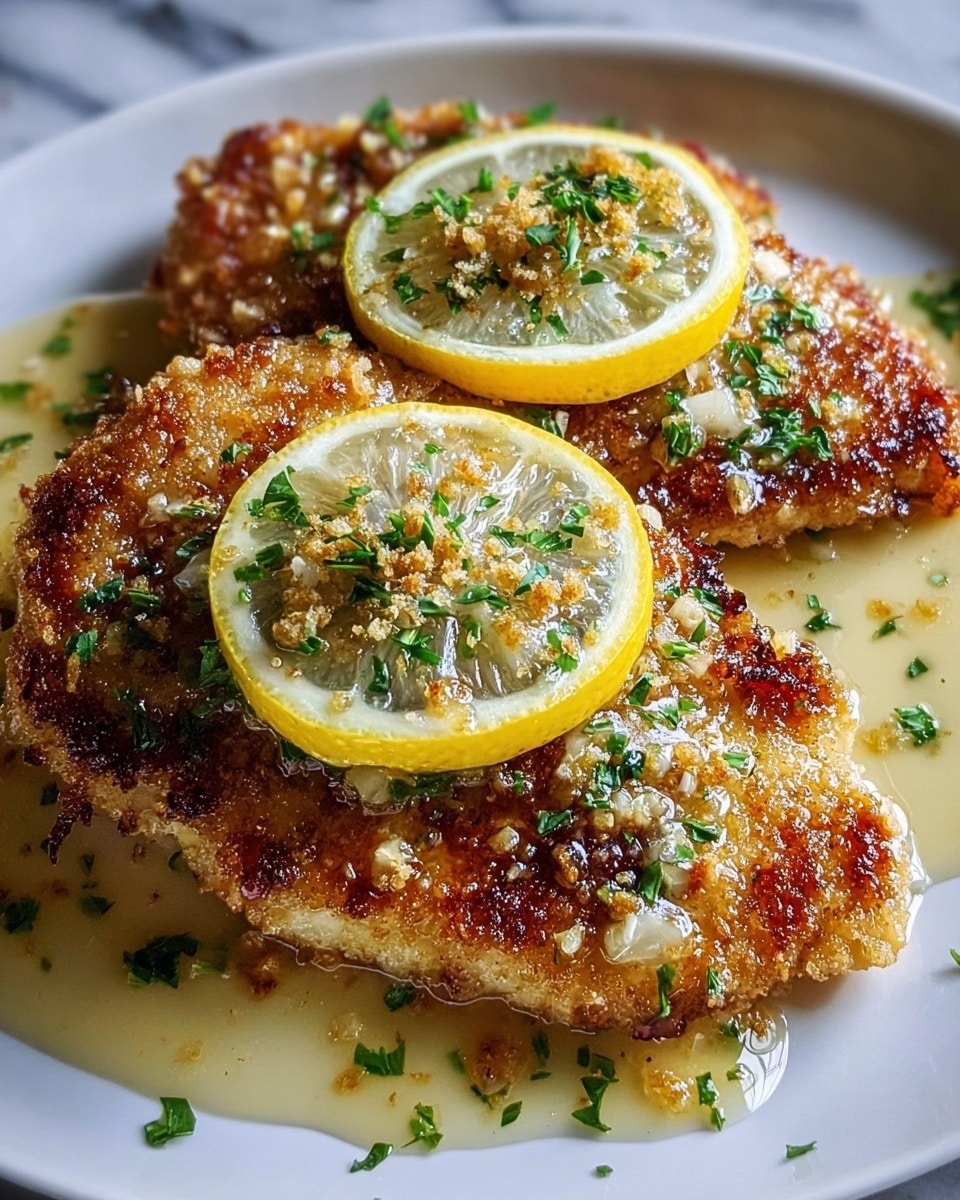 Two golden-brown fried pieces are placed on a white plate with light sauce pooled underneath. Each piece has a slice of bright yellow lemon on top, covered with finely chopped green herbs and small breadcrumbs. The pieces have a crispy texture with some darker brown spots, and the sauce looks smooth and shiny. The background shows a white marbled texture. photo taken with an iphone --ar 4:5 --v 7