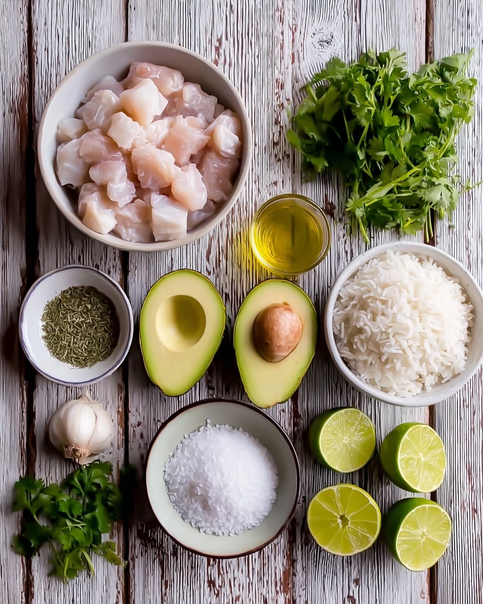 The image shows various ingredients placed on a wooden surface with a white marbled texture. On the left is a white bowl full of small pale pink pieces of raw chicken. Below it is a small bowl with dried green herbs and white salt, next to a whole garlic bulb. In the center, there are two halved avocados, one with the brown seed and two halves without. Above them is a small glass container of golden oil, beside a bunch of fresh green cilantro. To the right, there are two white bowls filled with fluffy white rice. Next to the bowls are several lime halves, bright green in color. Everything is arranged neatly in rows and spaced evenly photo taken with an iphone --ar 4:5 --v 7