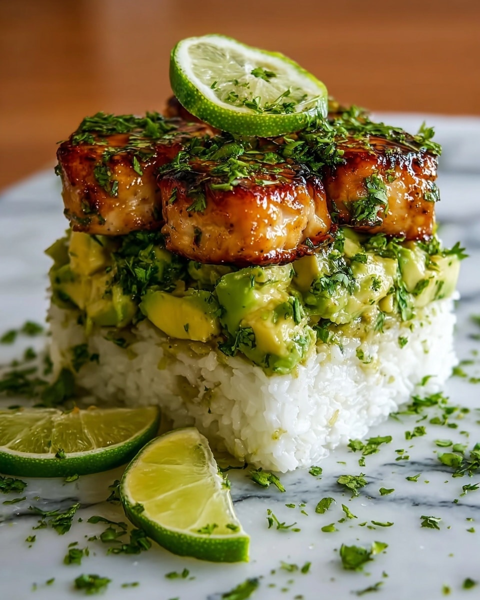 The image shows a three-layered dish on a white marbled surface. The bottom layer is a dense block of white rice with a soft texture. The middle layer is made of chunky pieces of bright green avocado mixed with chopped herbs. The top layer consists of three golden-brown grilled pieces with a shiny glaze and sprinkled with fresh green chopped herbs. A thin lime slice is placed on top of the stack, and two lime wedges lie beside the dish on the white marbled surface. The overall presentation is neat, with vivid colors and a fresh look, photo taken with an iphone --ar 4:5 --v 7
