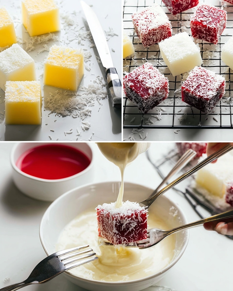 The image shows the process of making colorful square jelly-like cubes coated with shredded coconut. On the left top, there are plain yellowish cubes with smooth, soft texture placed on a white marbled surface next to a knife. Below, a white bowl contains bright red liquid, while a pair of metal forks holds a yellow cube being dipped into the red liquid coating. On the right side, a white bowl holds a creamy white mixture, and a woman’s hand holds a fork with a red cube coated in white shredded coconut, while a spoon sprinkles more coconut on top. The background features a white marbled texture with cubes resting on a cooling rack. photo taken with an iphone --ar 4:5 --v 7