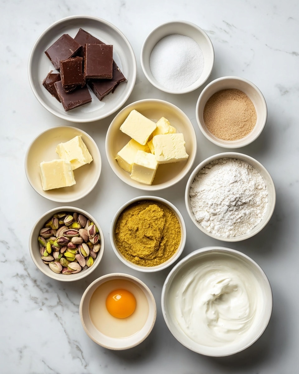 The image shows eleven small white bowls arranged neatly on a white marbled surface. From the top left, the first bowl contains pieces of dark chocolate broken into squares; to its right is a bowl filled with fine white salt; next to it is a small bowl of light beige powder. Below them, there is a bowl with four cubes of butter mixing pale yellow and cream colors. Next to the butter, a small white bowl holds a light brown powder, probably cinnamon. Below the cubes of butter is a bowl filled with a yellow mustard-like paste topped with some powder. To its right, a larger bowl shows white flour with soft peaks. Next to the flour, a bowl with smooth and thick white cream is displayed. Below the mustard paste, there is a bowl of whole brown and green pistachio nuts. To the left of the nuts, a bowl holds light flour, and next to it, a bowl with a raw egg displays a clear egg white and a bright orange yolk in the center. The clean, organized look on a white marbled surface makes the ingredients stand out clearly. photo taken with an iphone --ar 4:5 --v 7