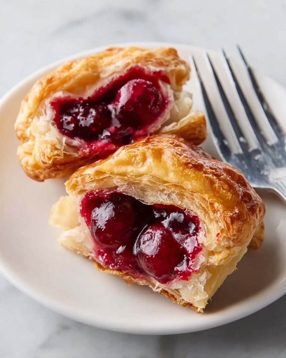 A white plate with a close-up of a pastry cut in half, showing a golden brown, flaky crust with many layers. Inside, there is a thick, shiny deep red berry filling with whole berries visible in each half. The pastry is held together by a silver fork resting on the right side. The background is a white marbled texture. Photo taken with an iphone --ar 4:5 --v 7