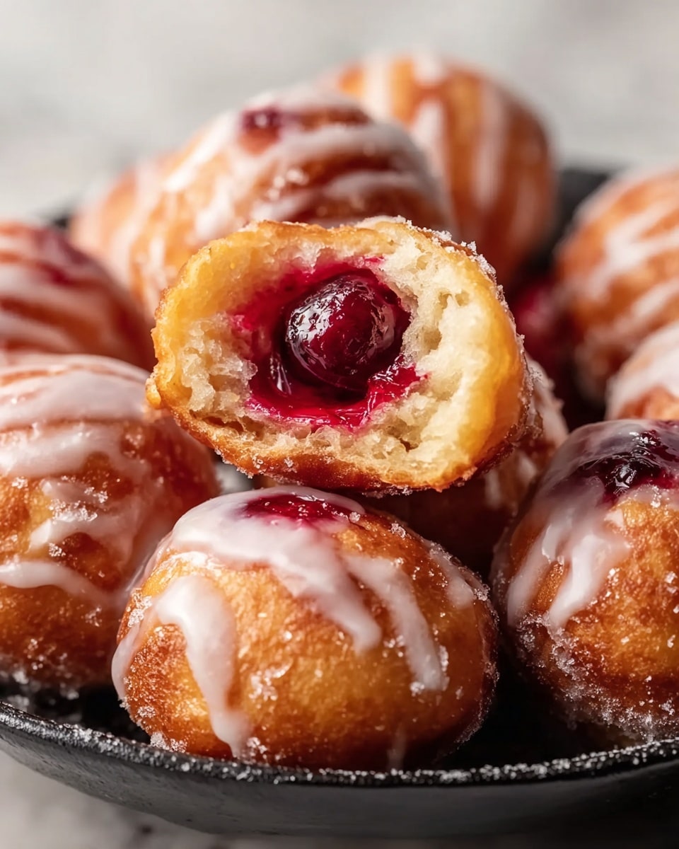 A close-up of round fried dough balls with a golden brown, crispy texture; one dough ball is shown broken open on top, revealing a shiny, deep red cherry filling inside. Each dough ball is lightly drizzled with a white, smooth icing glaze. The dough balls sit inside a shallow black dish, placed on a white marbled surface. Visible steam rises from the broken dough ball, giving a fresh, warm feeling. Photo taken with an iphone --ar 4:5 --v 7