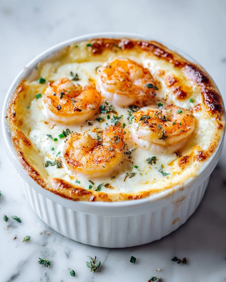 A white ceramic ramekin holds a creamy dish topped with golden-brown baked crust that is slightly thick and fluffy around the edges. On top, there are five plump shrimp with an orange-pink color and light sear marks. The shrimp sit in a white creamy sauce that fills the ramekin beneath the crust and shrimp. Small green herb pieces are sprinkled over the shrimp and sauce, adding a fresh touch. The dish is on a white marbled surface with some scattered herbs around, giving a clean and simple look. photo taken with an iphone --ar 4:5 --v 7